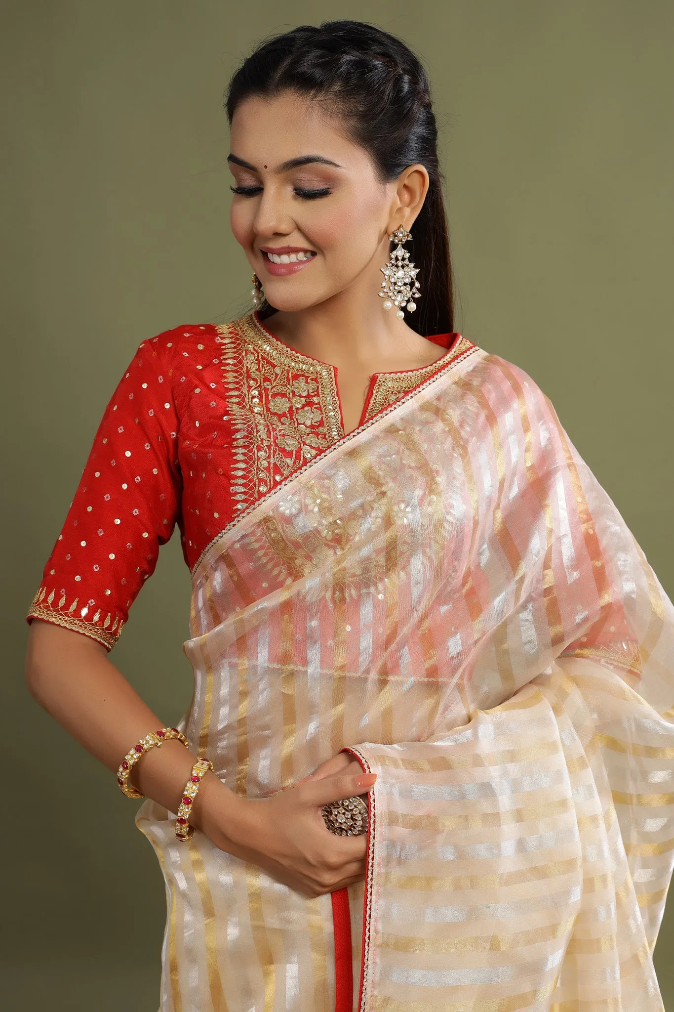 90Z483-NRO Cream Tissue Chanderi Saree with Red Saree Blouse