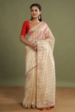 90Z483-NRO Cream Tissue Chanderi Saree with Red Saree Blouse