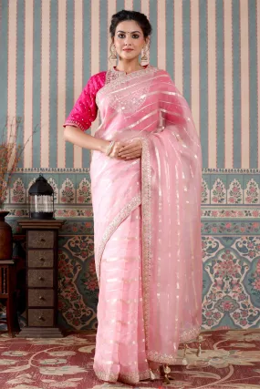 90Z498-NRO Light Pink Organza Silk Saree with Embroidered Blouse