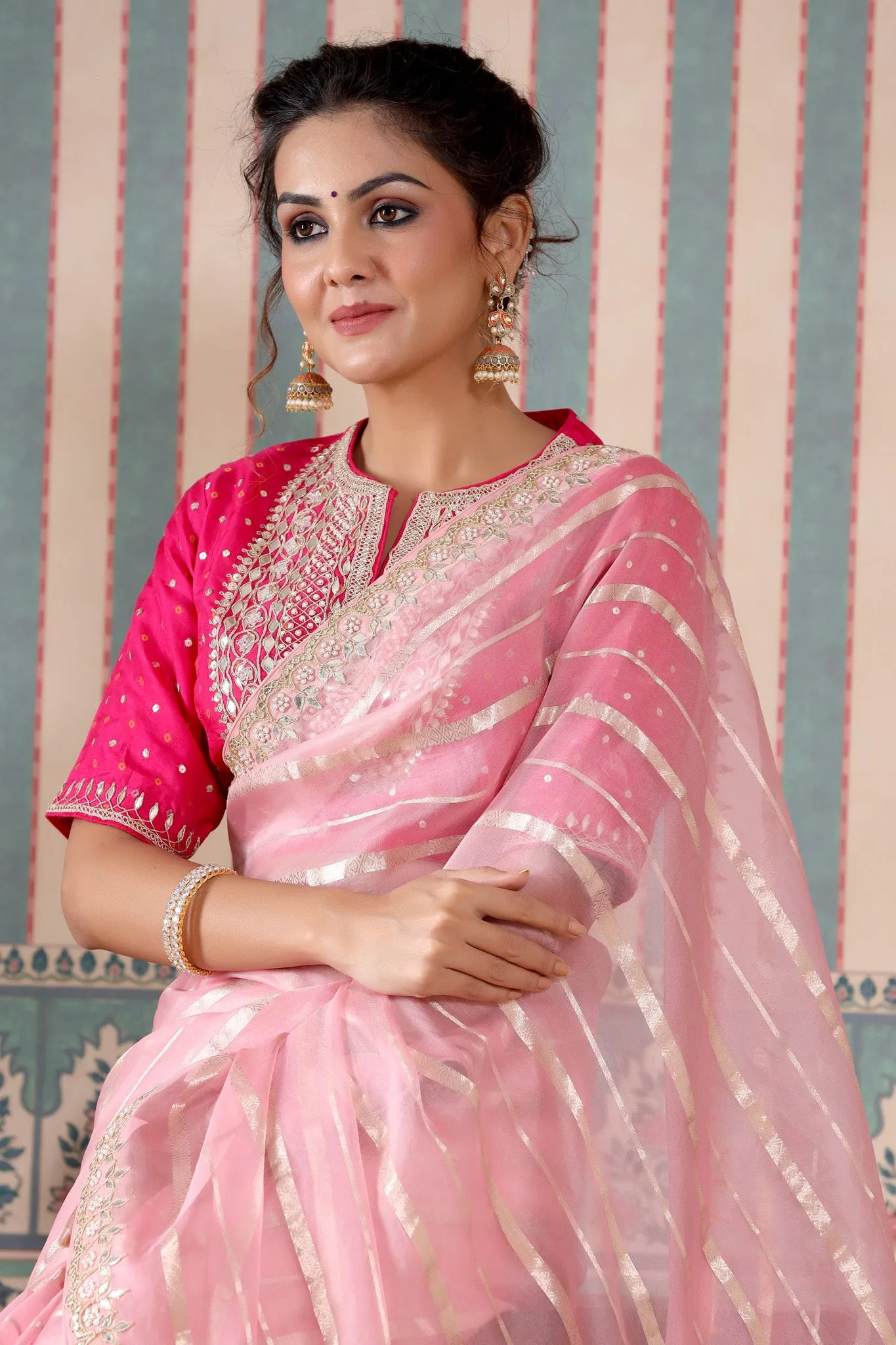 90Z498-NRO Light Pink Organza Silk Saree with Embroidered Blouse