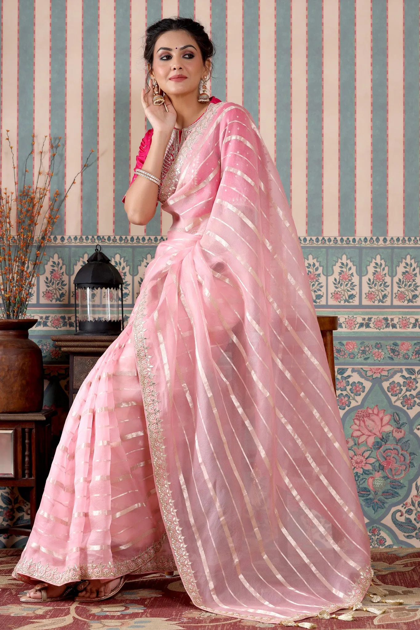 90Z498-NRO Light Pink Organza Silk Saree with Embroidered Blouse