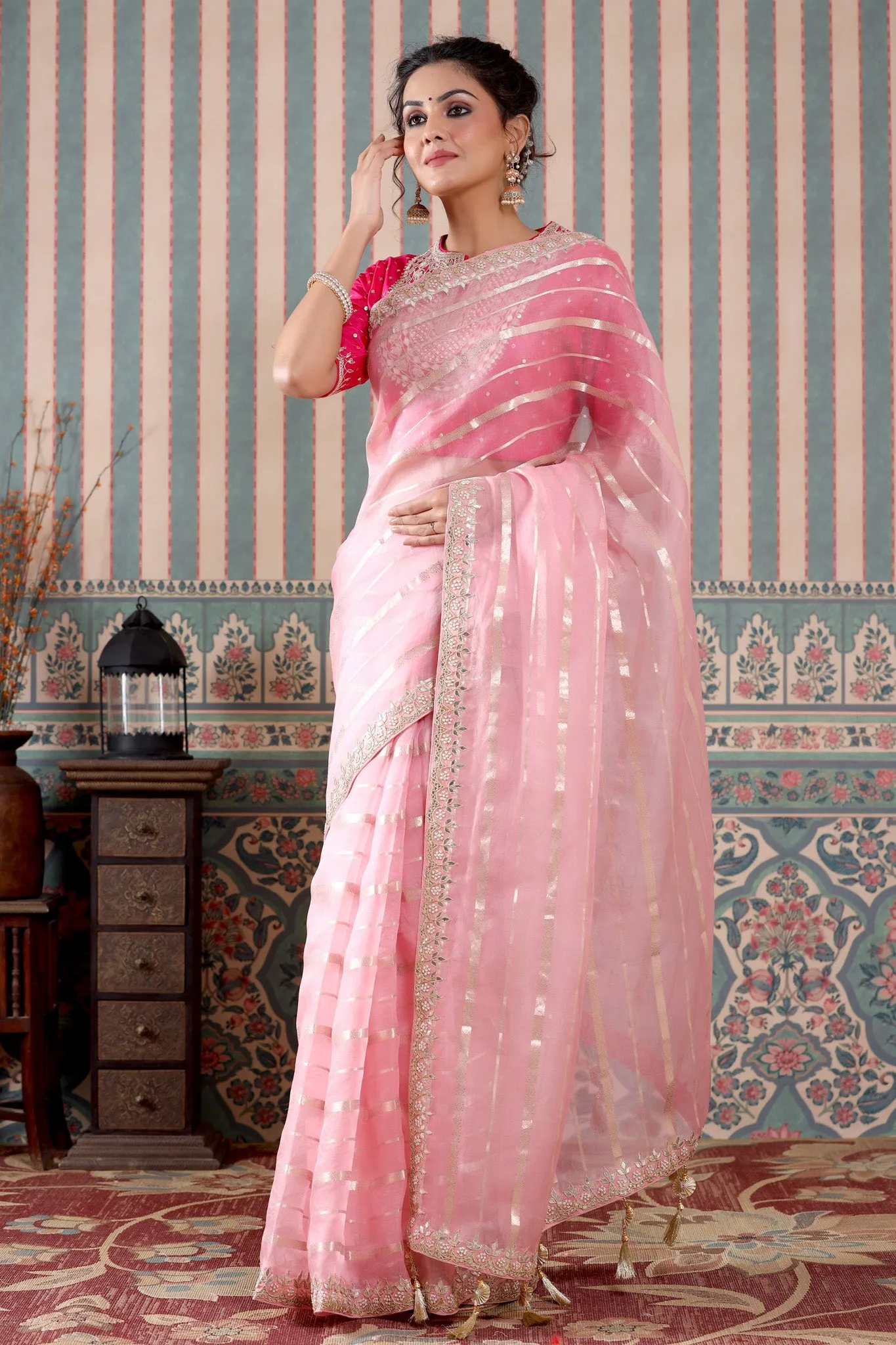 90Z498-NRO Light Pink Organza Silk Saree with Embroidered Blouse