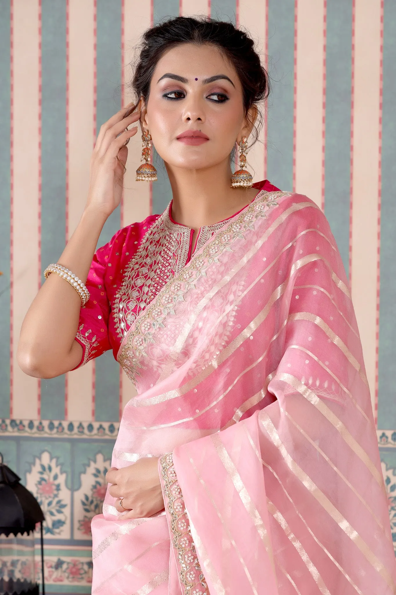 90Z498-NRO Light Pink Organza Silk Saree with Embroidered Blouse