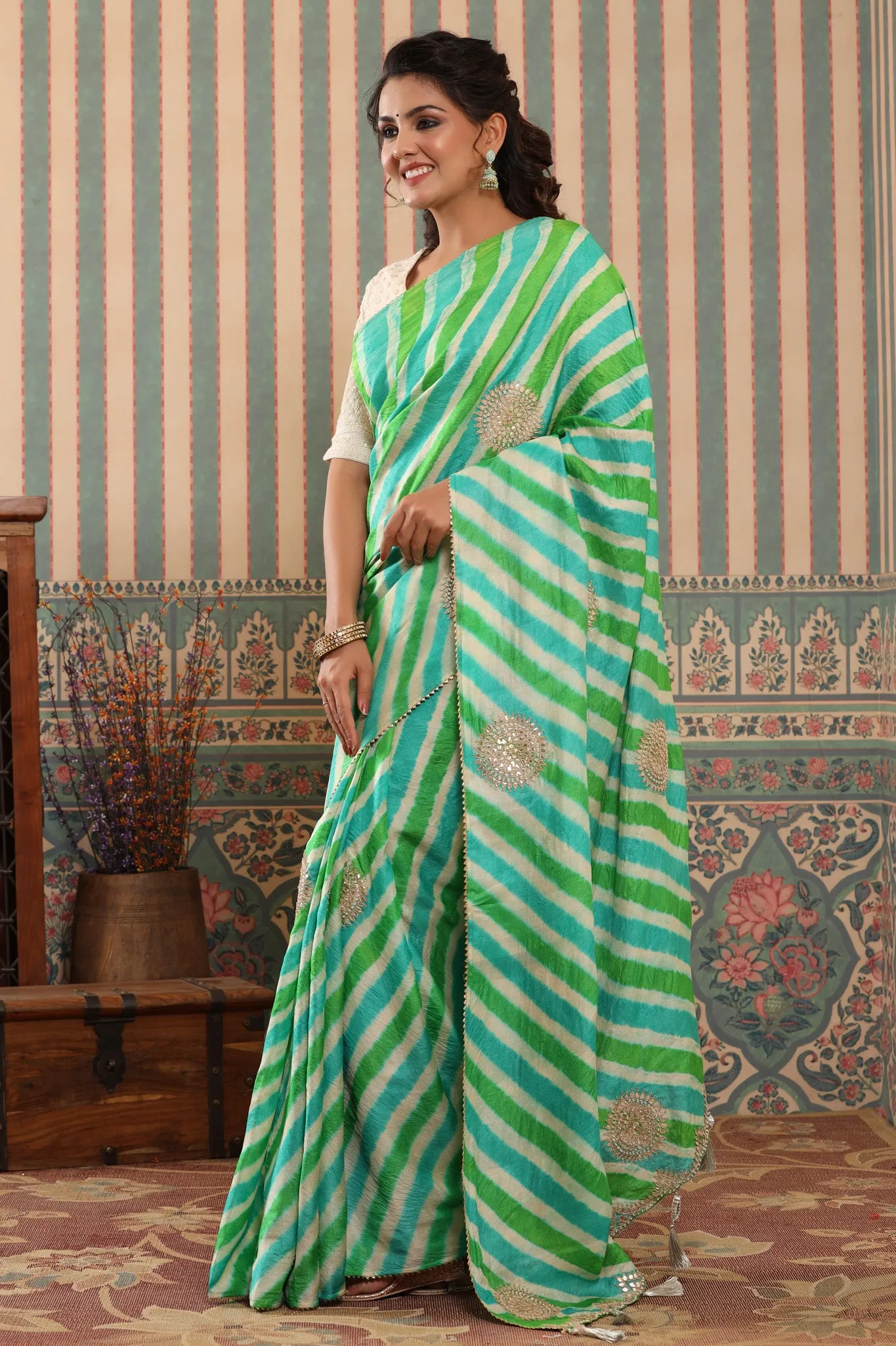 90Z578-RO Green Striped Tussar Silk Saree with Saree Blouse