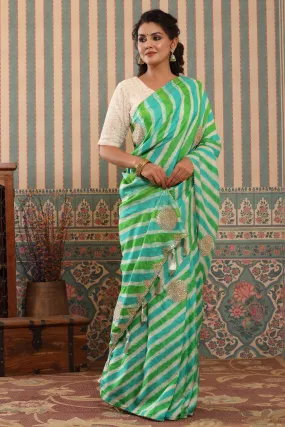 90Z578-RO Green Striped Tussar Silk Saree with Saree Blouse