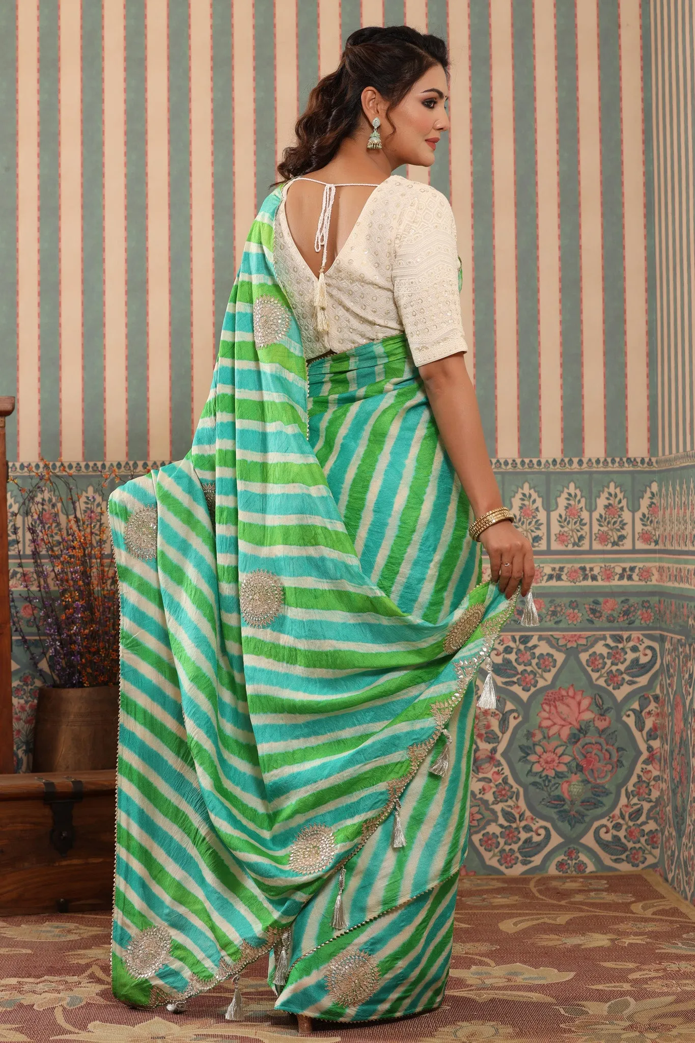 90Z578-RO Green Striped Tussar Silk Saree with Saree Blouse