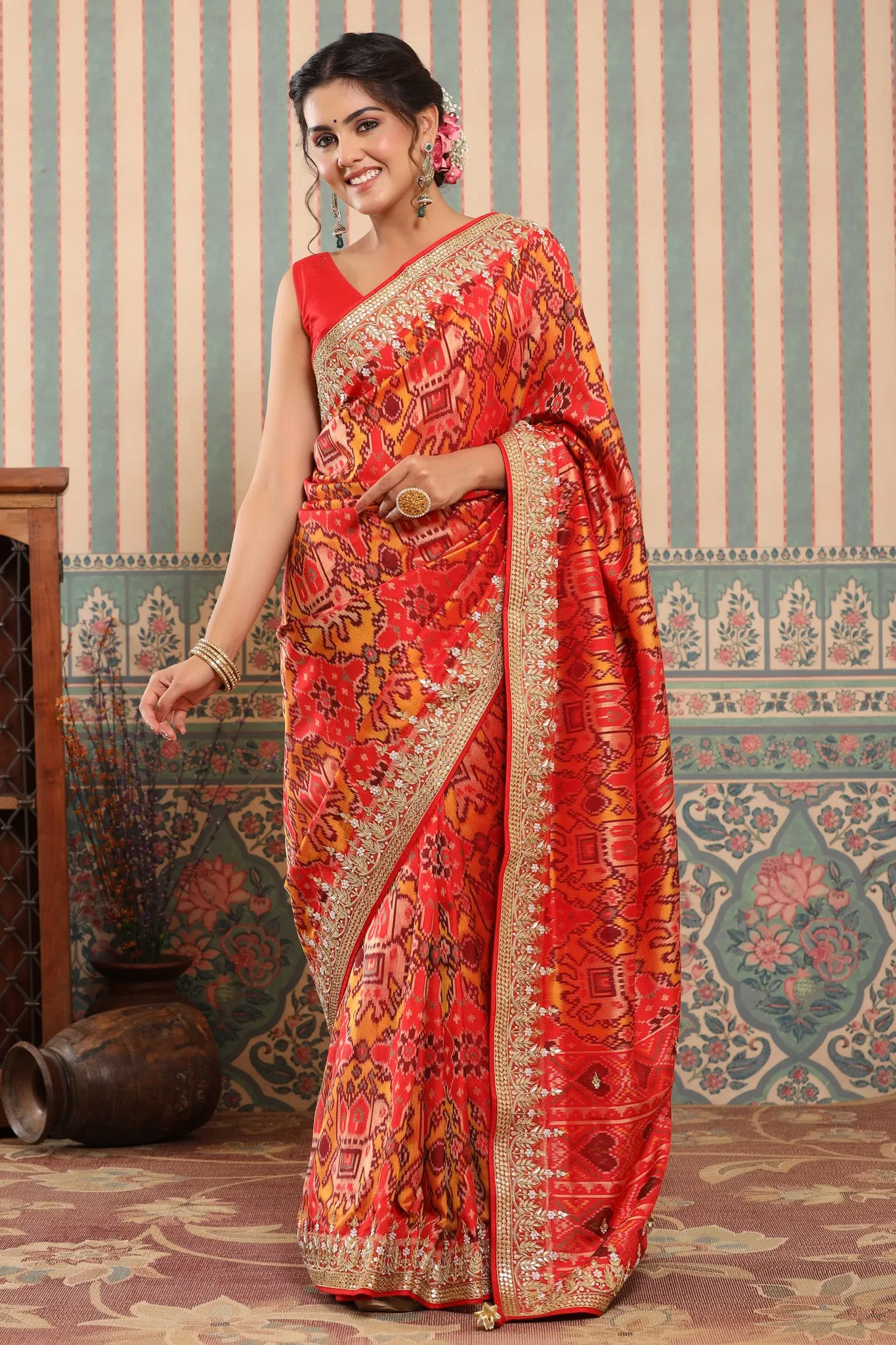 90Z592-RO Orange Patola Silk Saree with Embroidered Zari Border