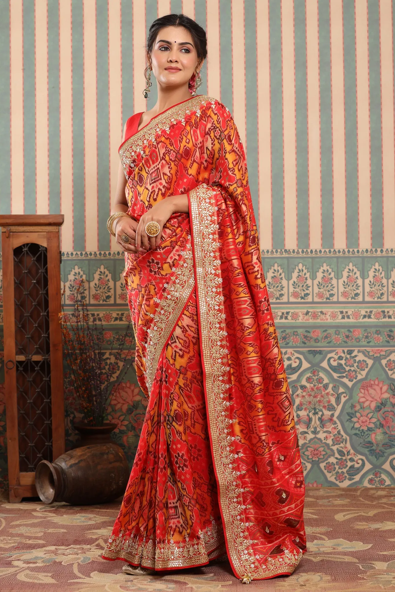 90Z592-RO Orange Patola Silk Saree with Embroidered Zari Border