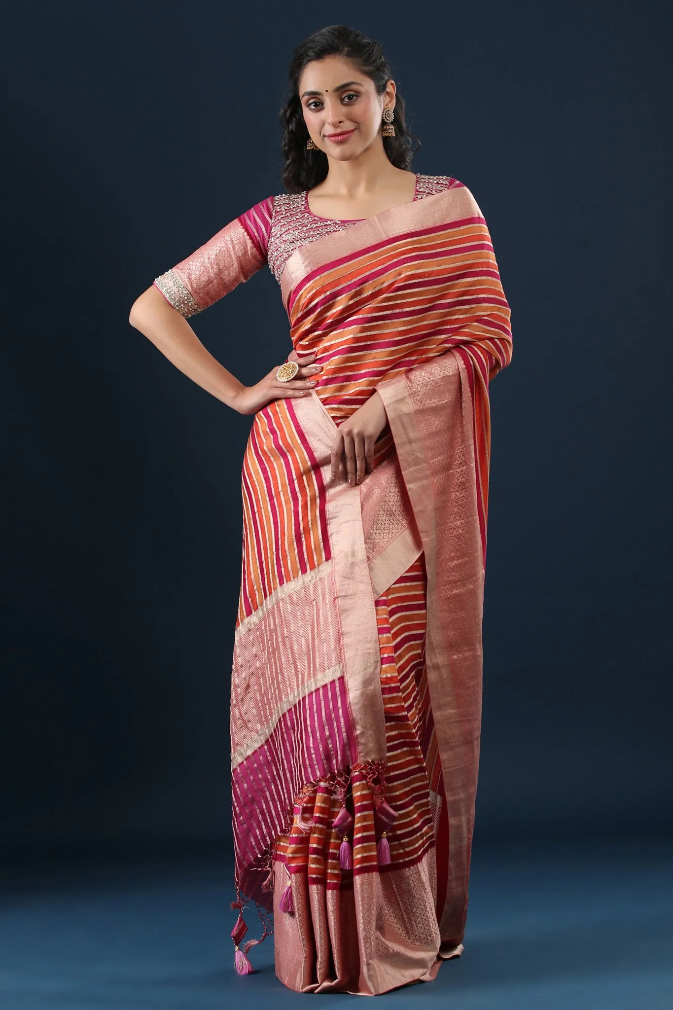 90Z648-RO Multicolor Striped Tussar Silk Sari with Zari Border