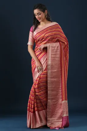 90Z648-RO Multicolor Striped Tussar Silk Sari with Zari Border