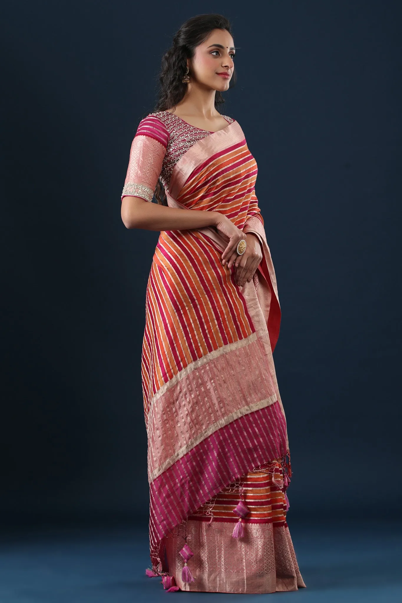 90Z648-RO Multicolor Striped Tussar Silk Sari with Zari Border