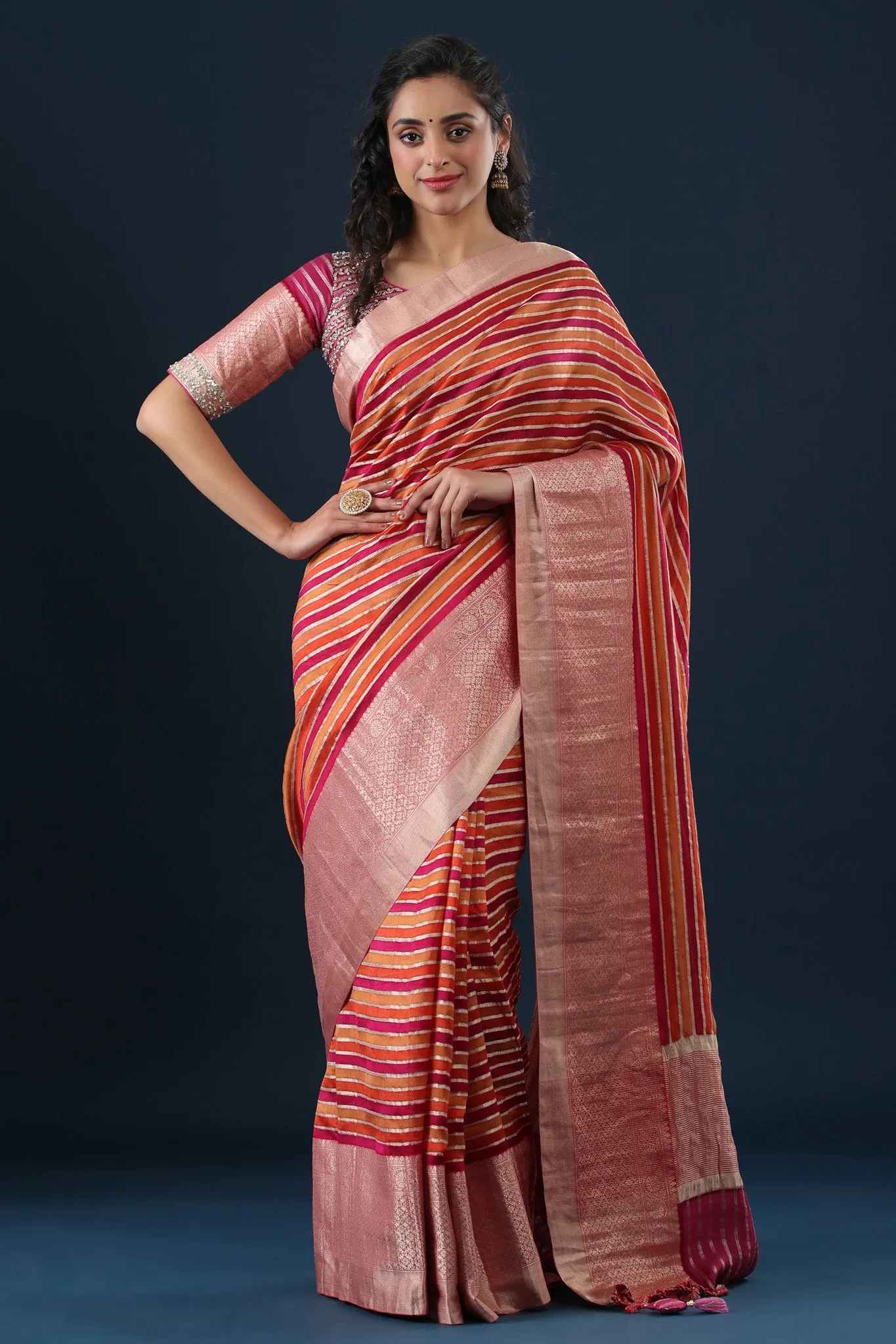 90Z648-RO Multicolor Striped Tussar Silk Sari with Zari Border