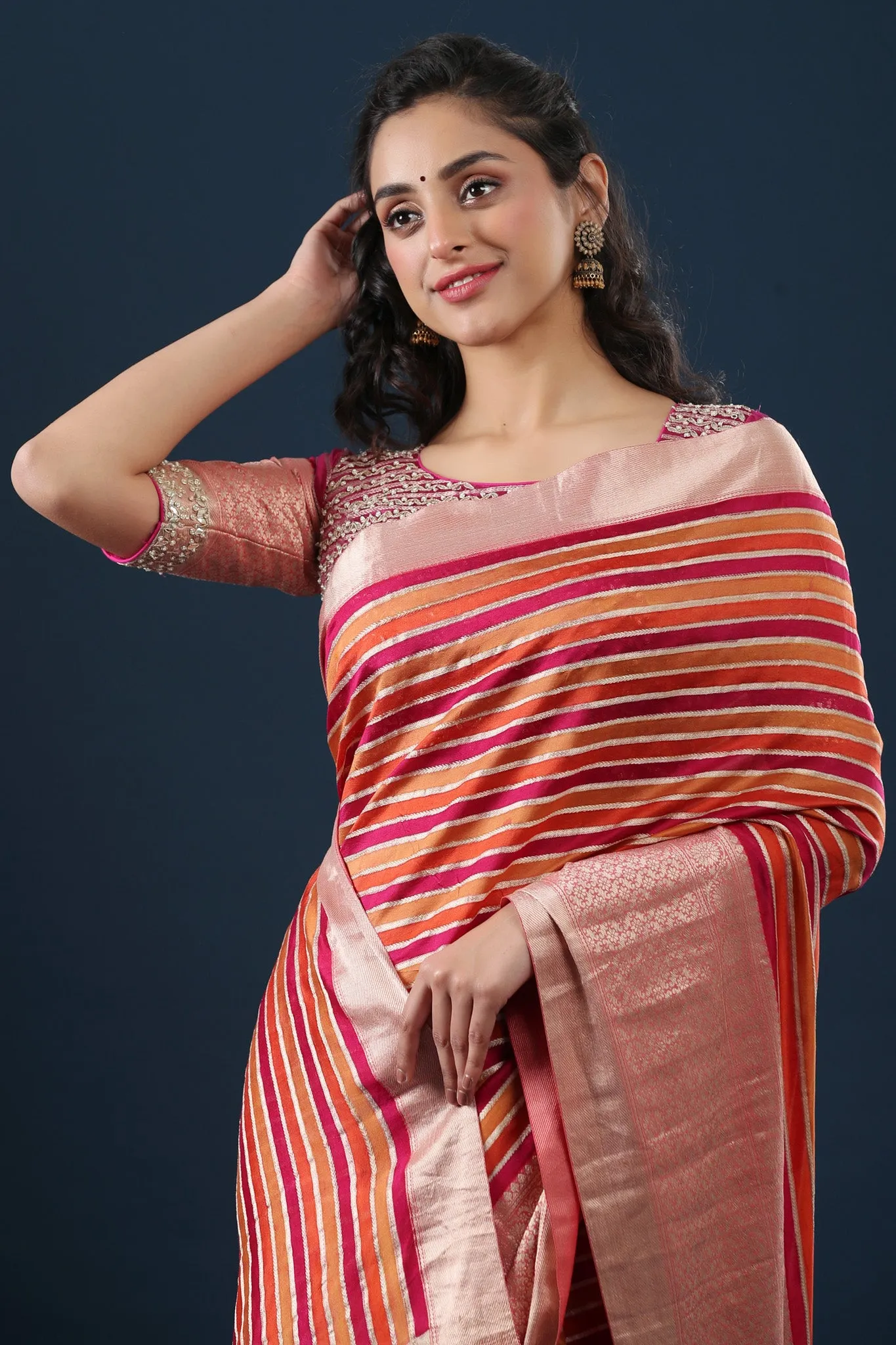 90Z648-RO Multicolor Striped Tussar Silk Sari with Zari Border