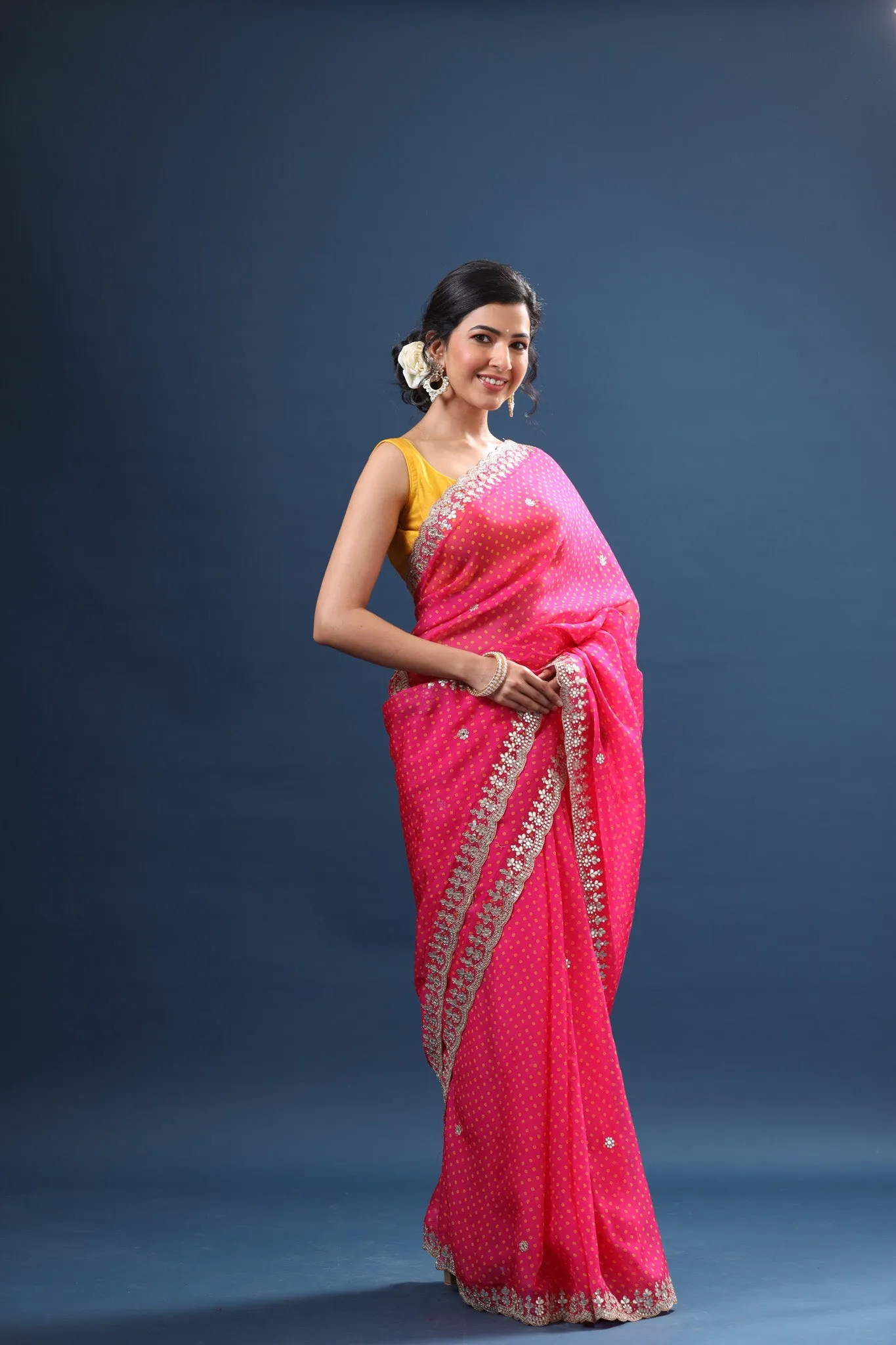 90Z668-NRO Fuschia Pink Bandhej Organza Saree with Scalloped Border