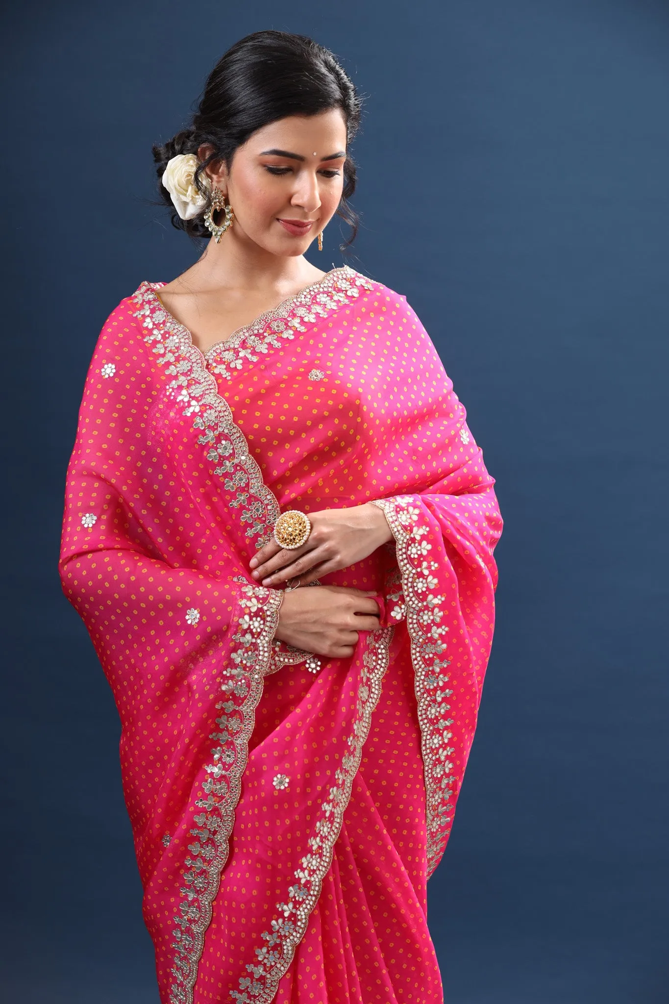 90Z668-NRO Fuschia Pink Bandhej Organza Saree with Scalloped Border