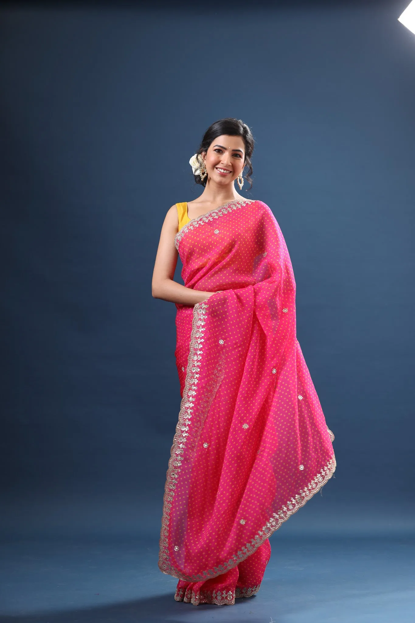 90Z668-NRO Fuschia Pink Bandhej Organza Saree with Scalloped Border