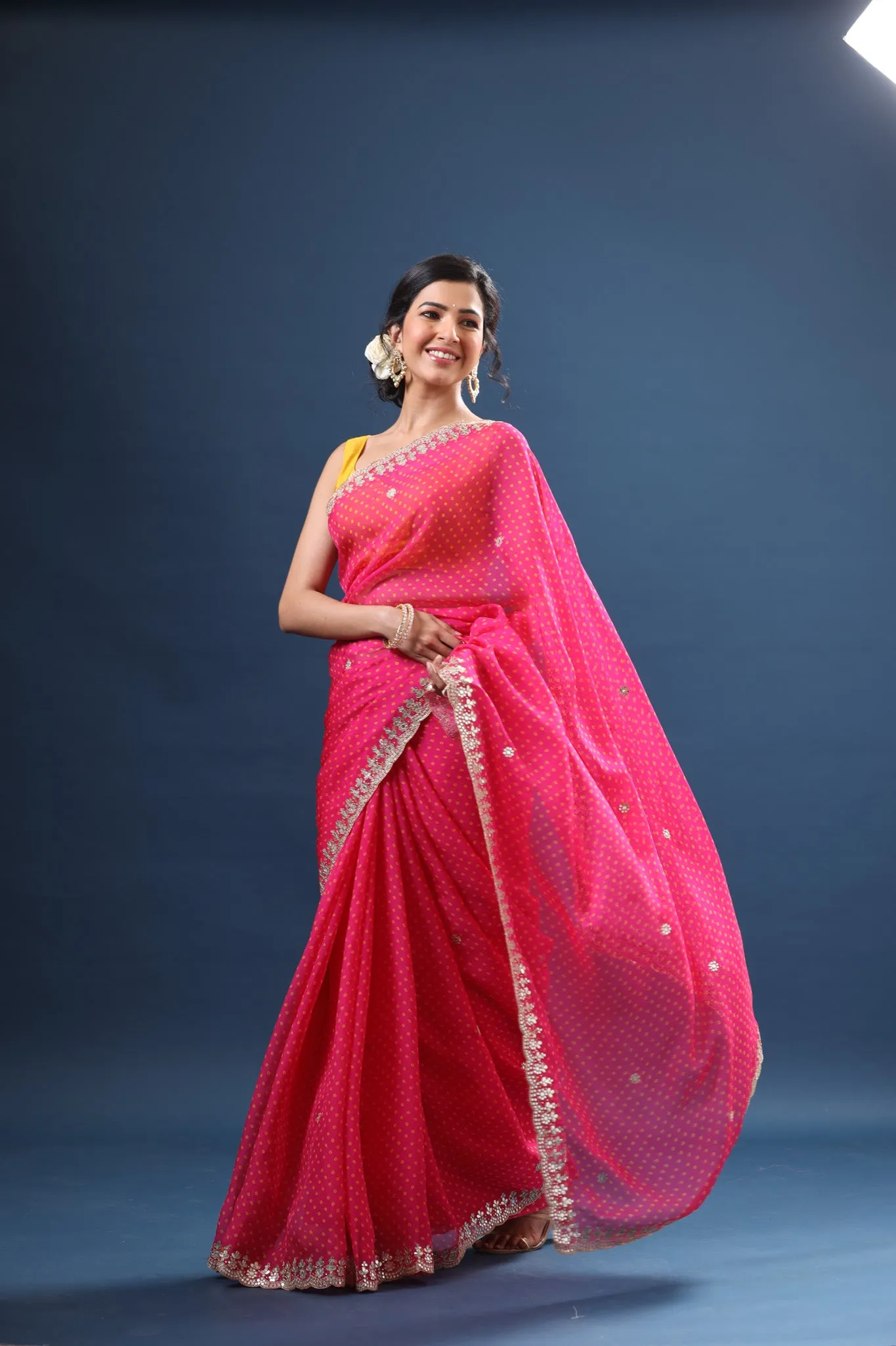 90Z668-NRO Fuschia Pink Bandhej Organza Saree with Scalloped Border