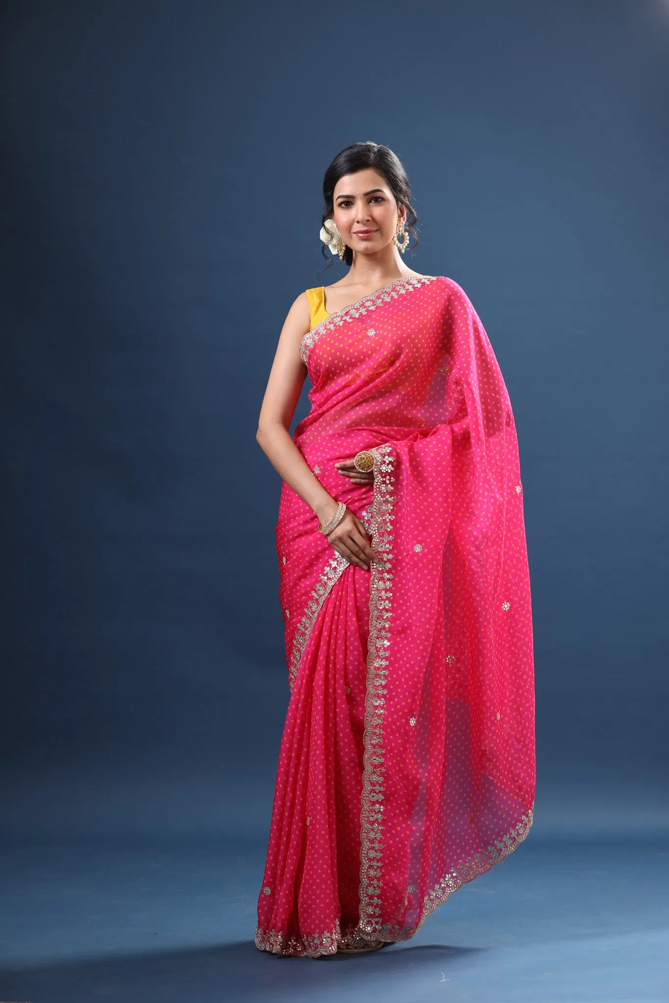 90Z668-NRO Fuschia Pink Bandhej Organza Saree with Scalloped Border