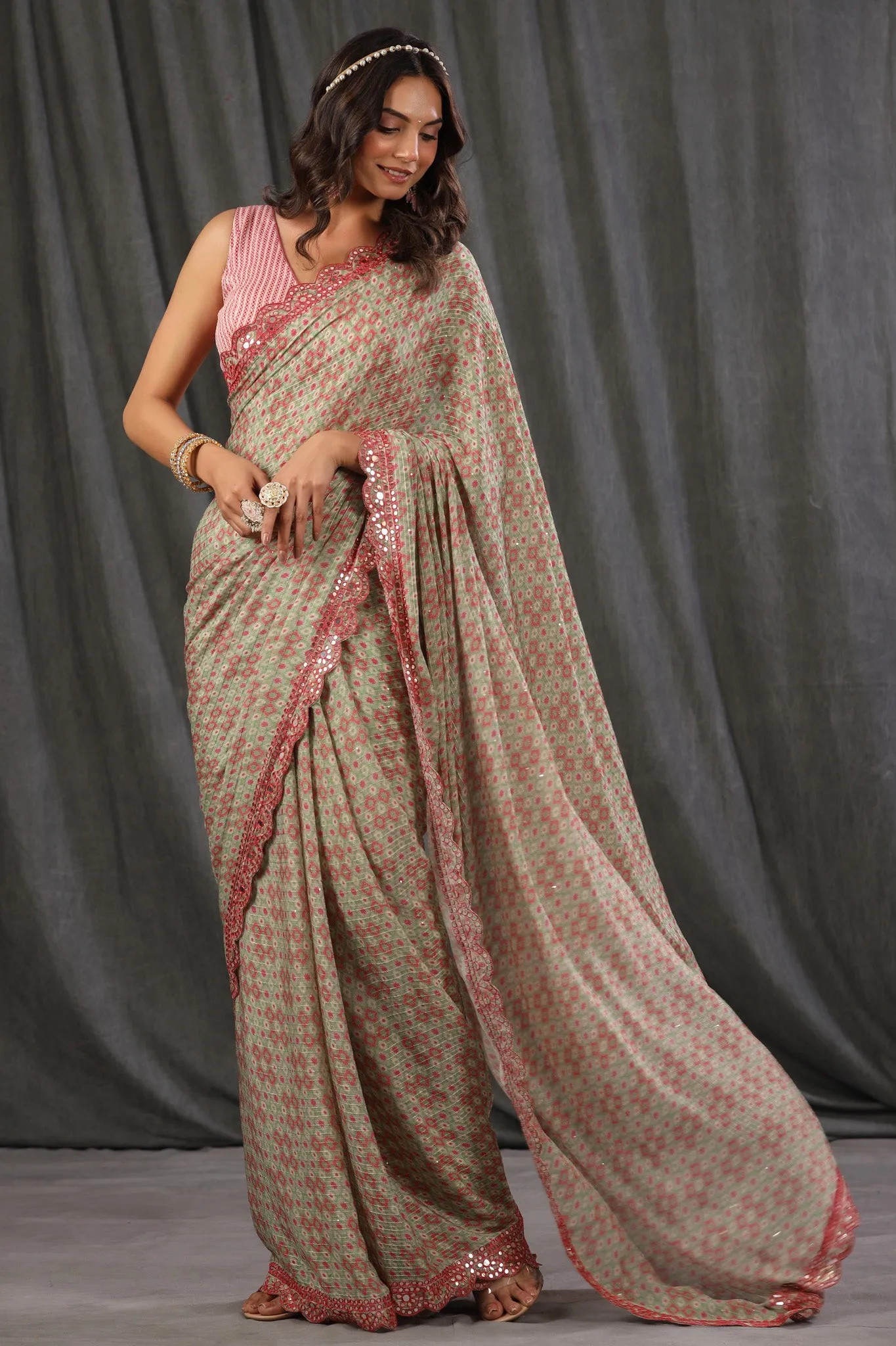 90Z691-RO Pink Green Printed Georgette Saree with Scalloped Border