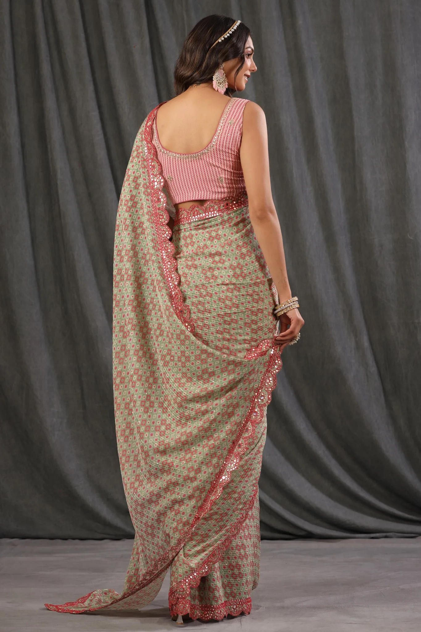 90Z691-RO Pink Green Printed Georgette Saree with Scalloped Border