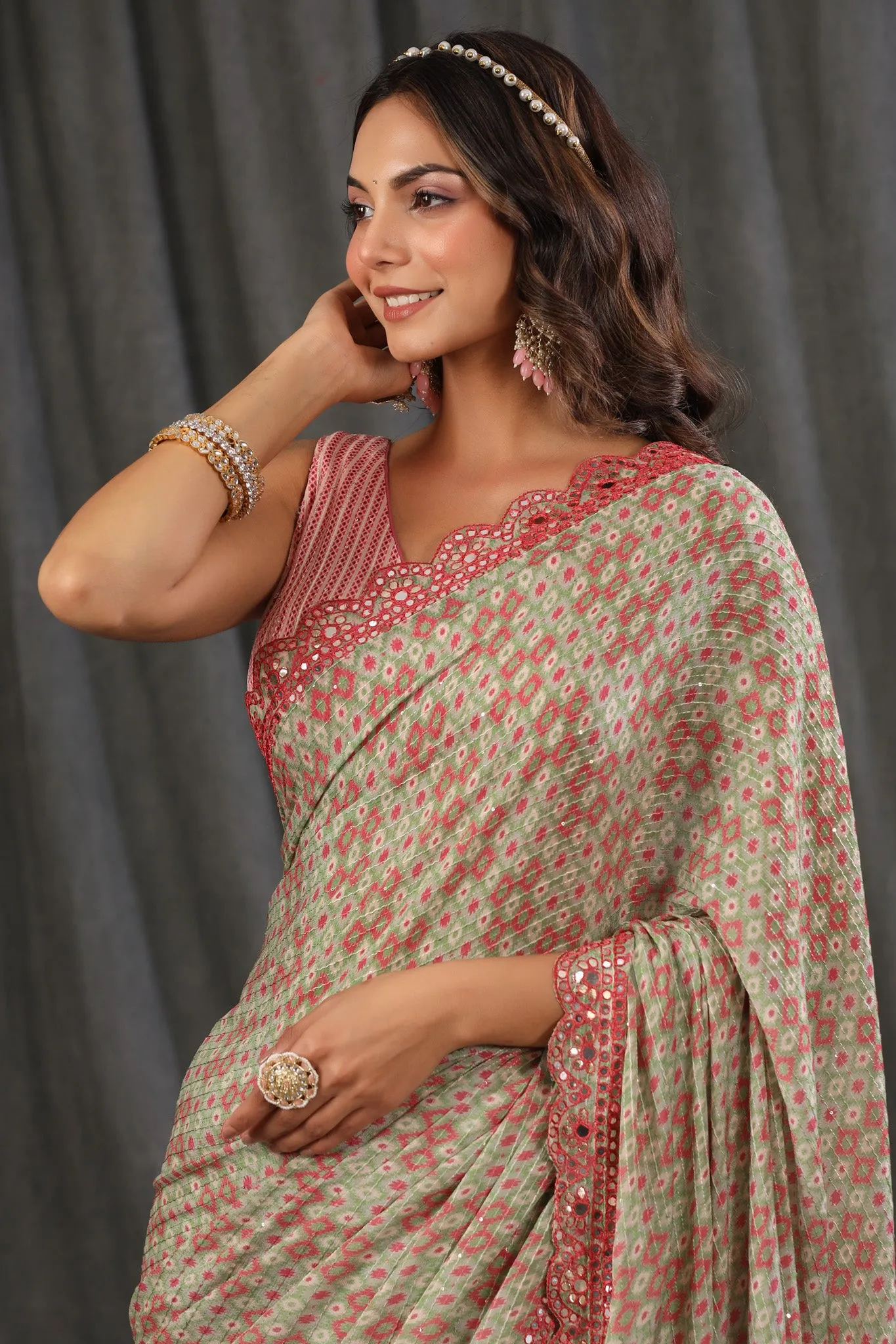 90Z691-RO Pink Green Printed Georgette Saree with Scalloped Border