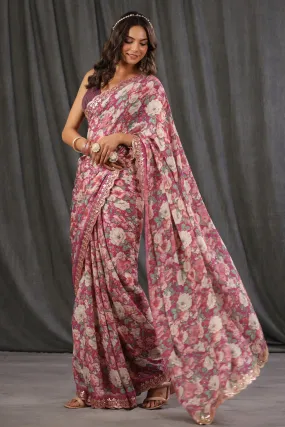 90Z714-NRO Pink Floral Crepe Saree with Embroidered Border