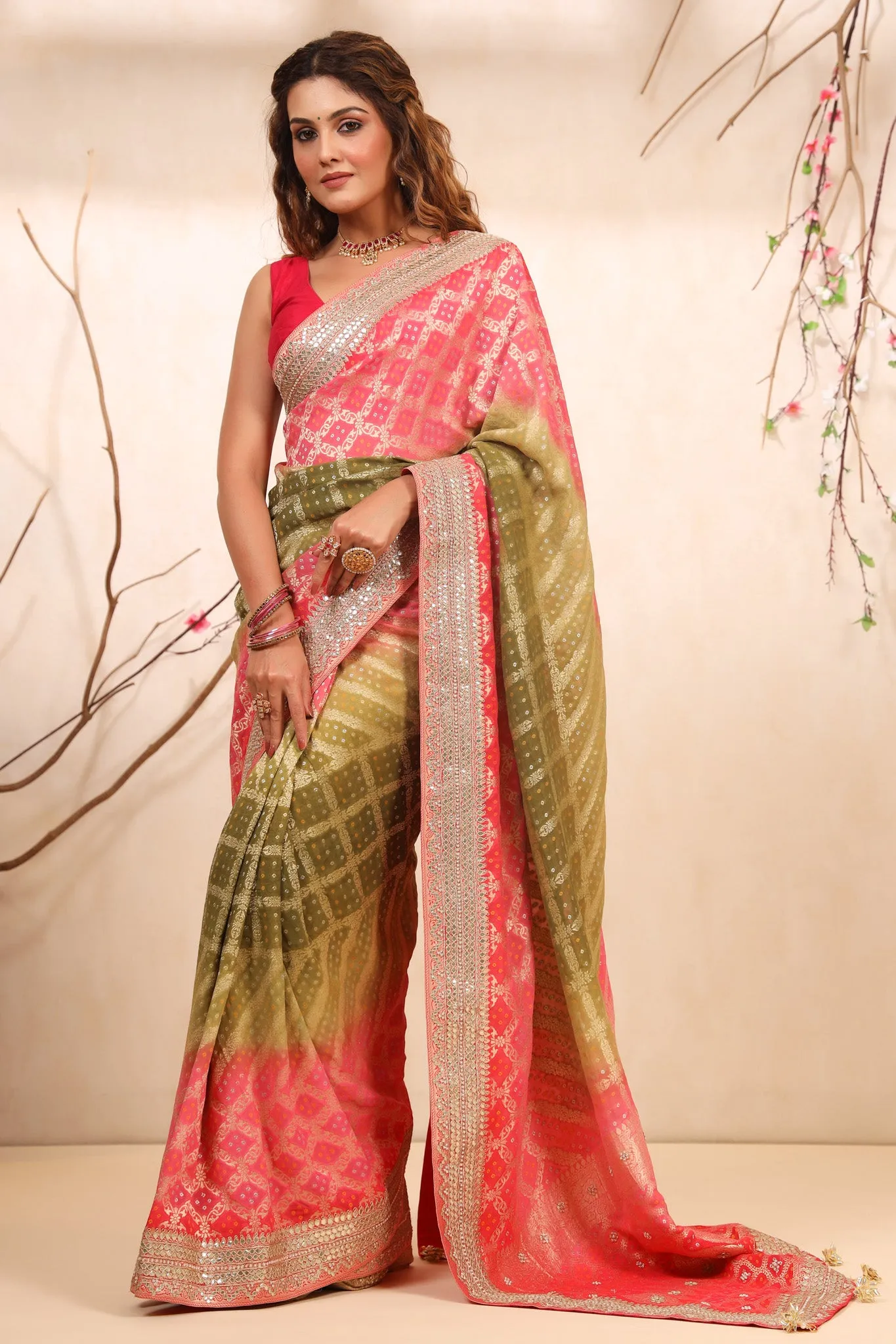 90Z728-NRO Pista Green Pink Embroidered Georgette Banarasi Saree