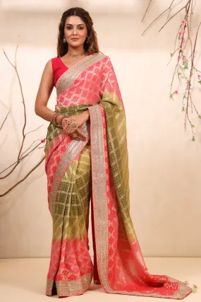 90Z728-NRO Pista Green Pink Embroidered Georgette Banarasi Saree