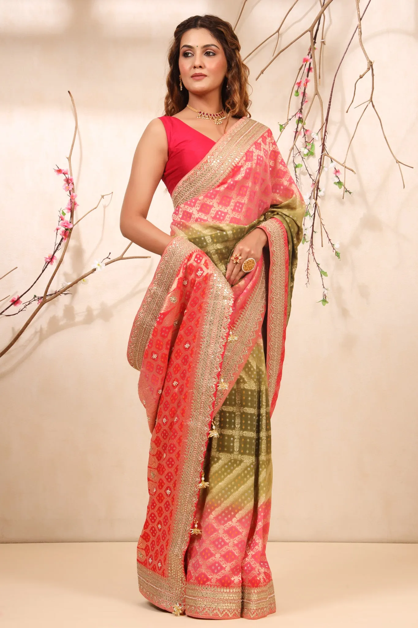 90Z728-NRO Pista Green Pink Embroidered Georgette Banarasi Saree