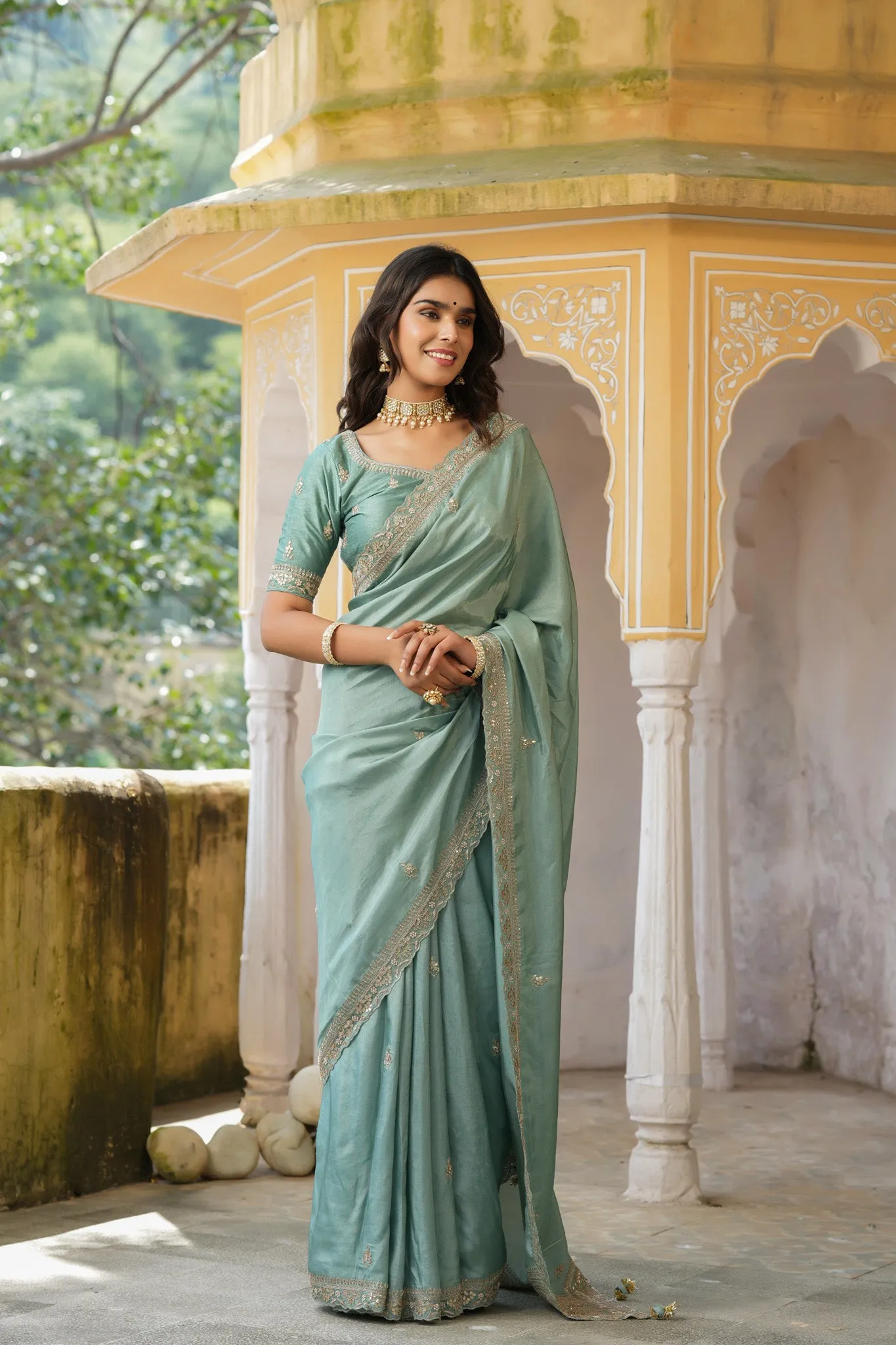 90Z749-RO Sea Green Tussar Georgette Saree with Embroidered Blouse