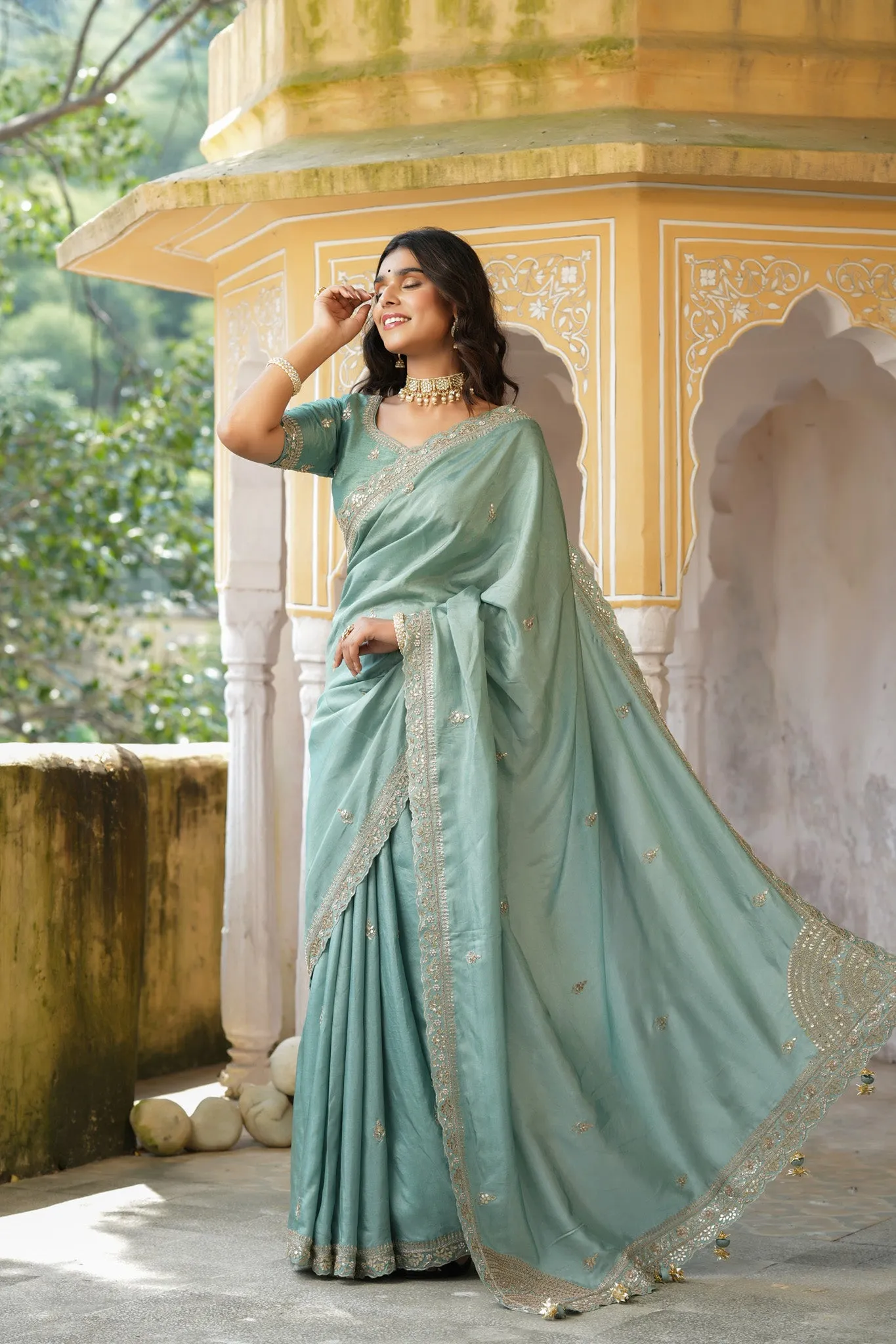 90Z749-RO Sea Green Tussar Georgette Saree with Embroidered Blouse