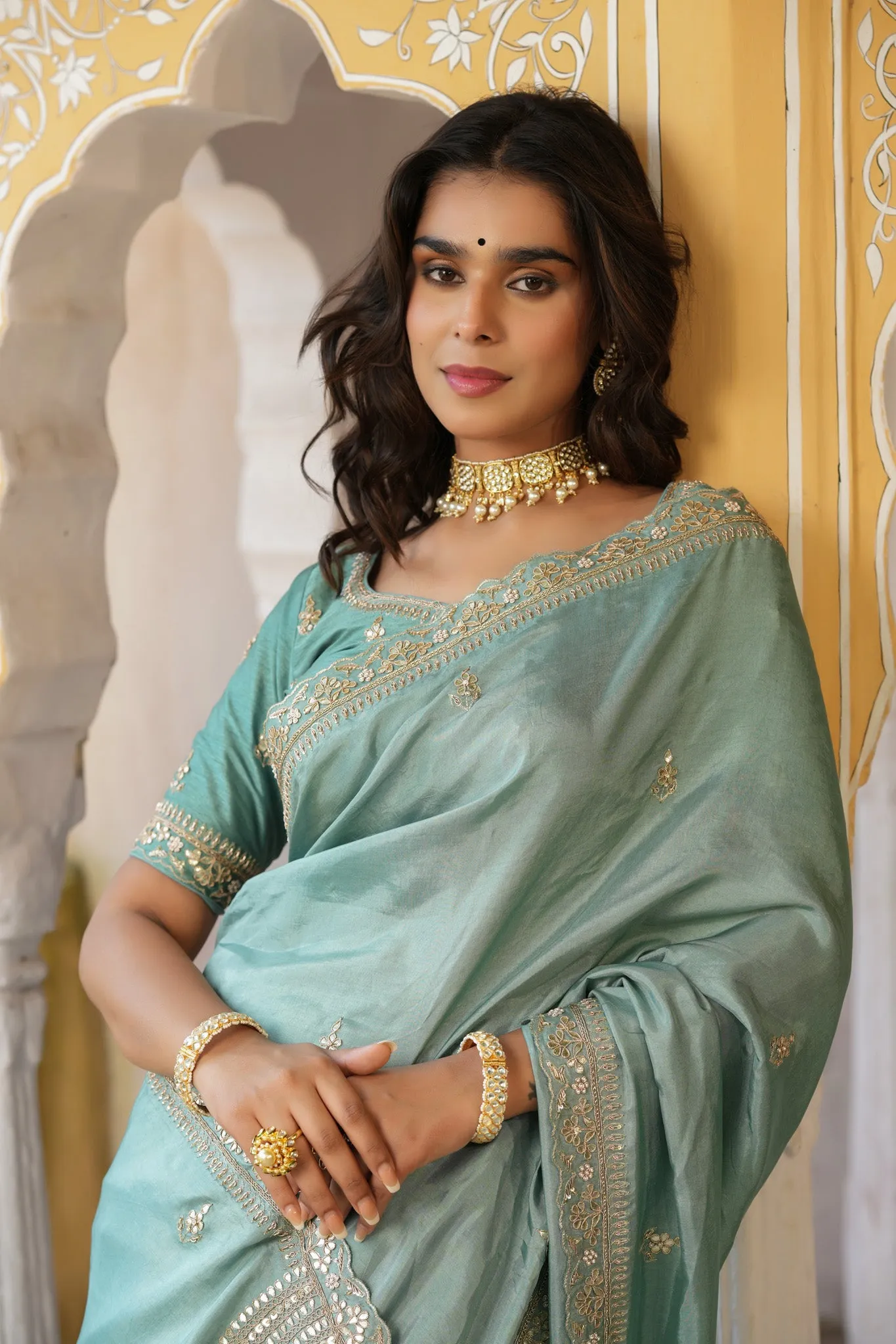 90Z749-RO Sea Green Tussar Georgette Saree with Embroidered Blouse