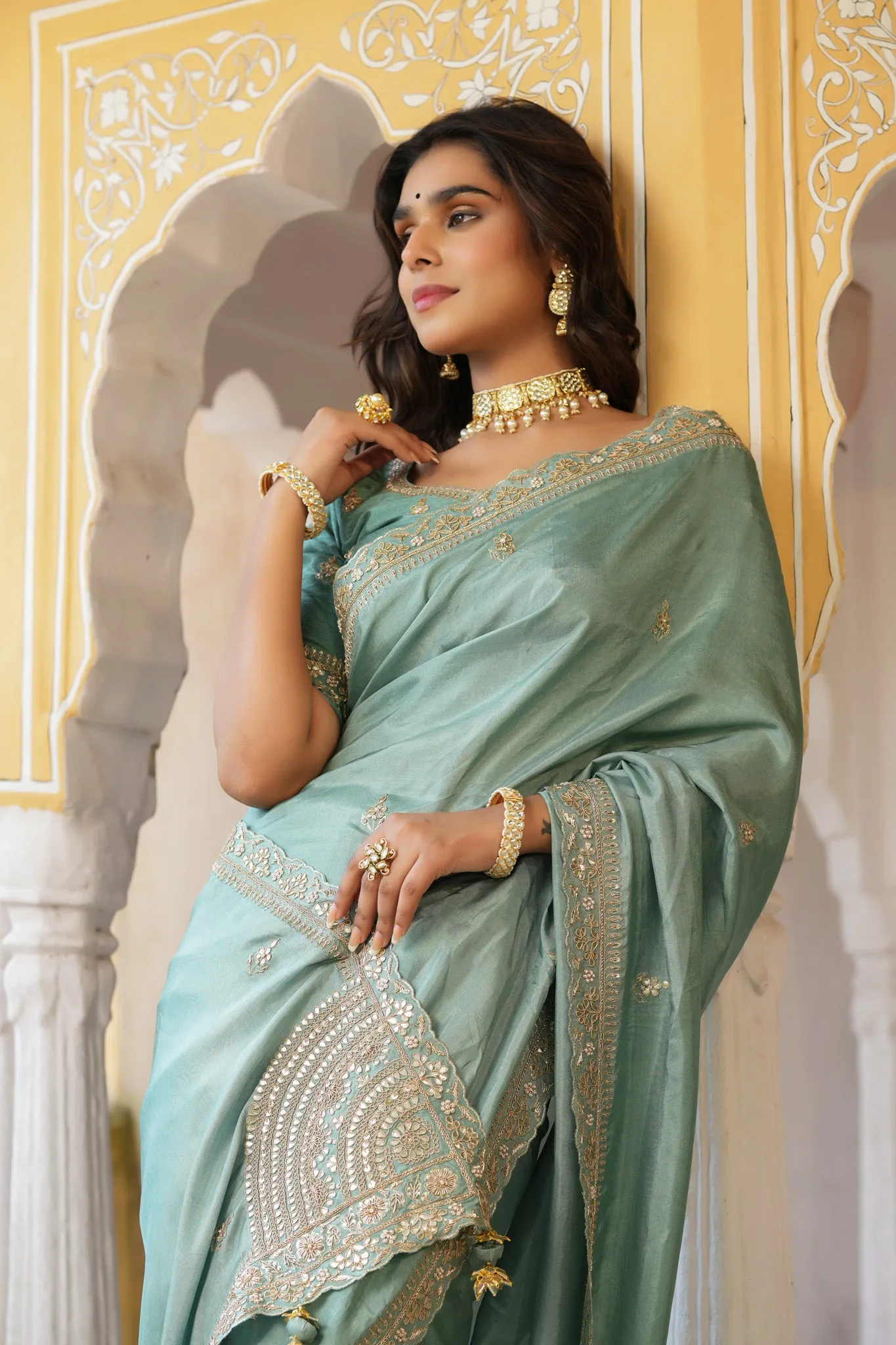 90Z749-RO Sea Green Tussar Georgette Saree with Embroidered Blouse