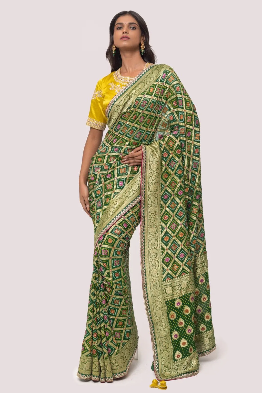 90Z848-RO Green Bhandej Printed Saree with Blouse