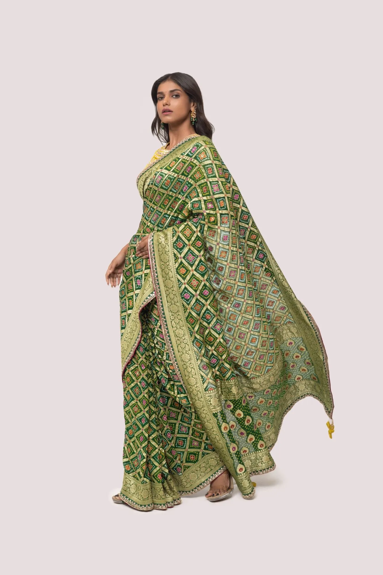 90Z848-RO Green Bhandej Printed Saree with Blouse