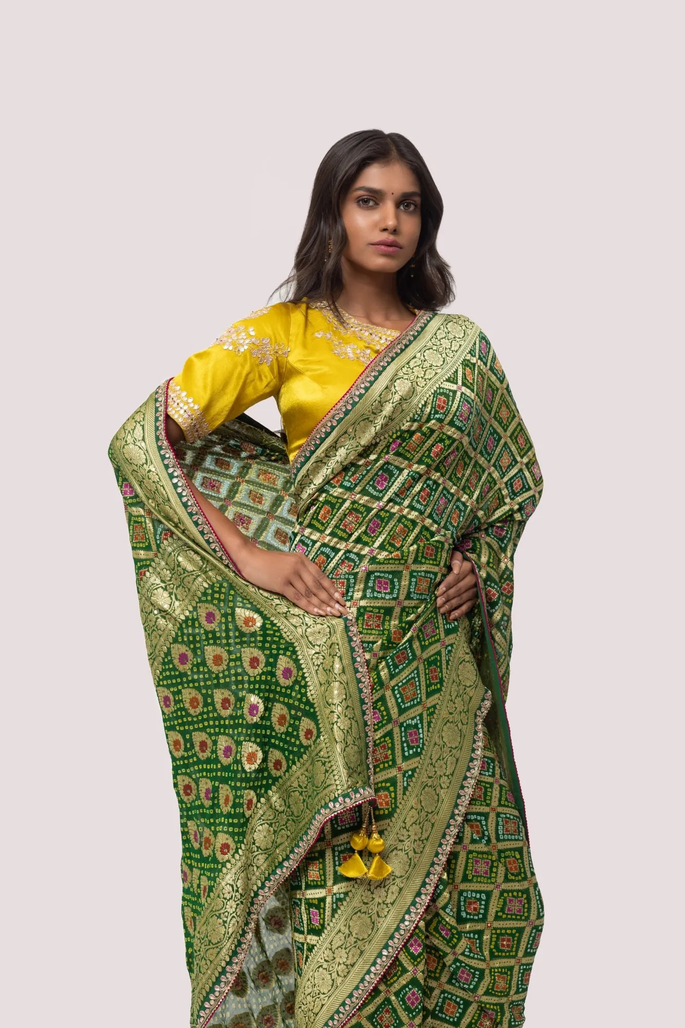 90Z848-RO Green Bhandej Printed Saree with Blouse