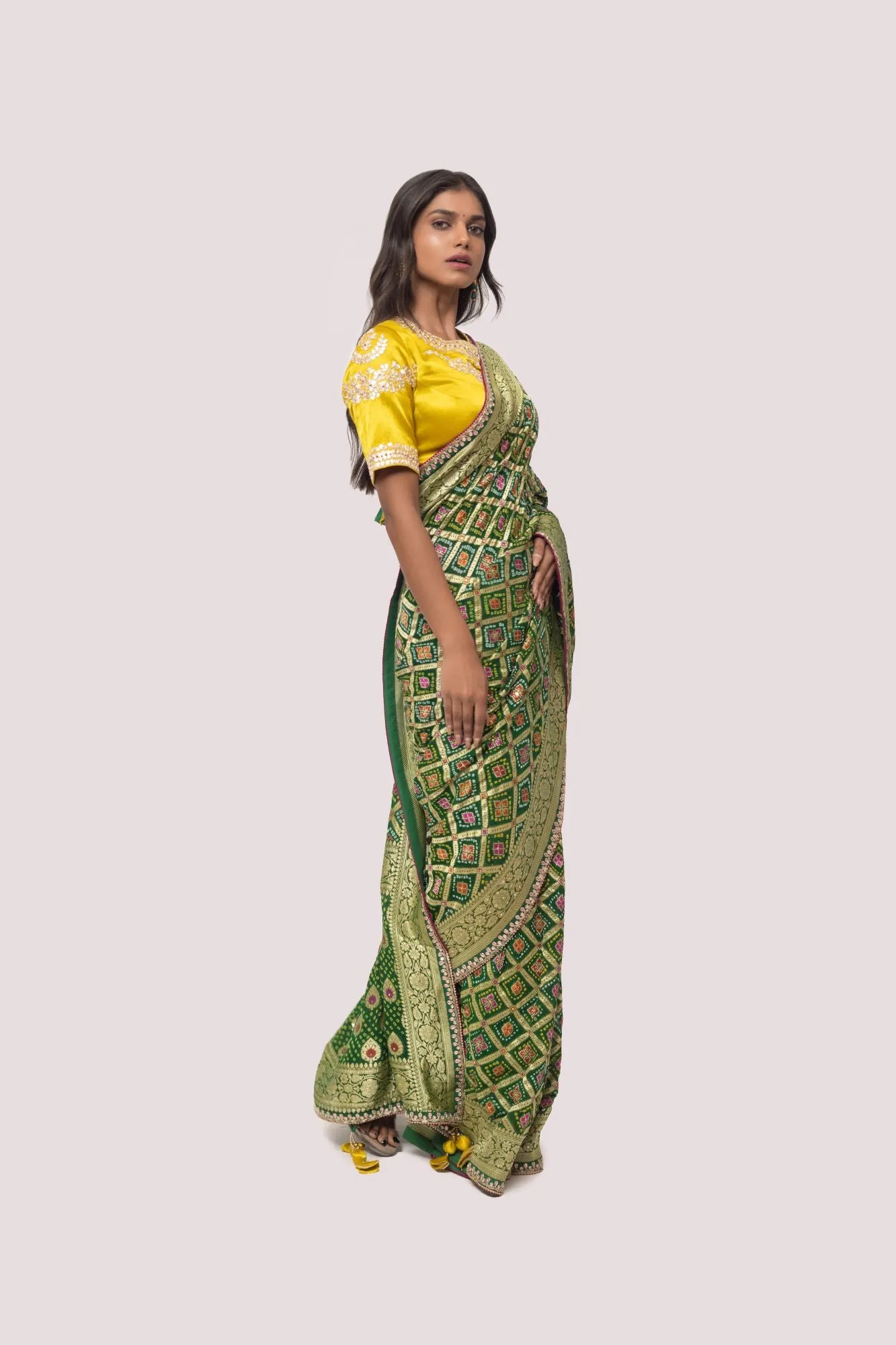 90Z848-RO Green Bhandej Printed Saree with Blouse