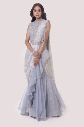 90Z886-RO Grey Silver Crush Fabric Drape Saree Set