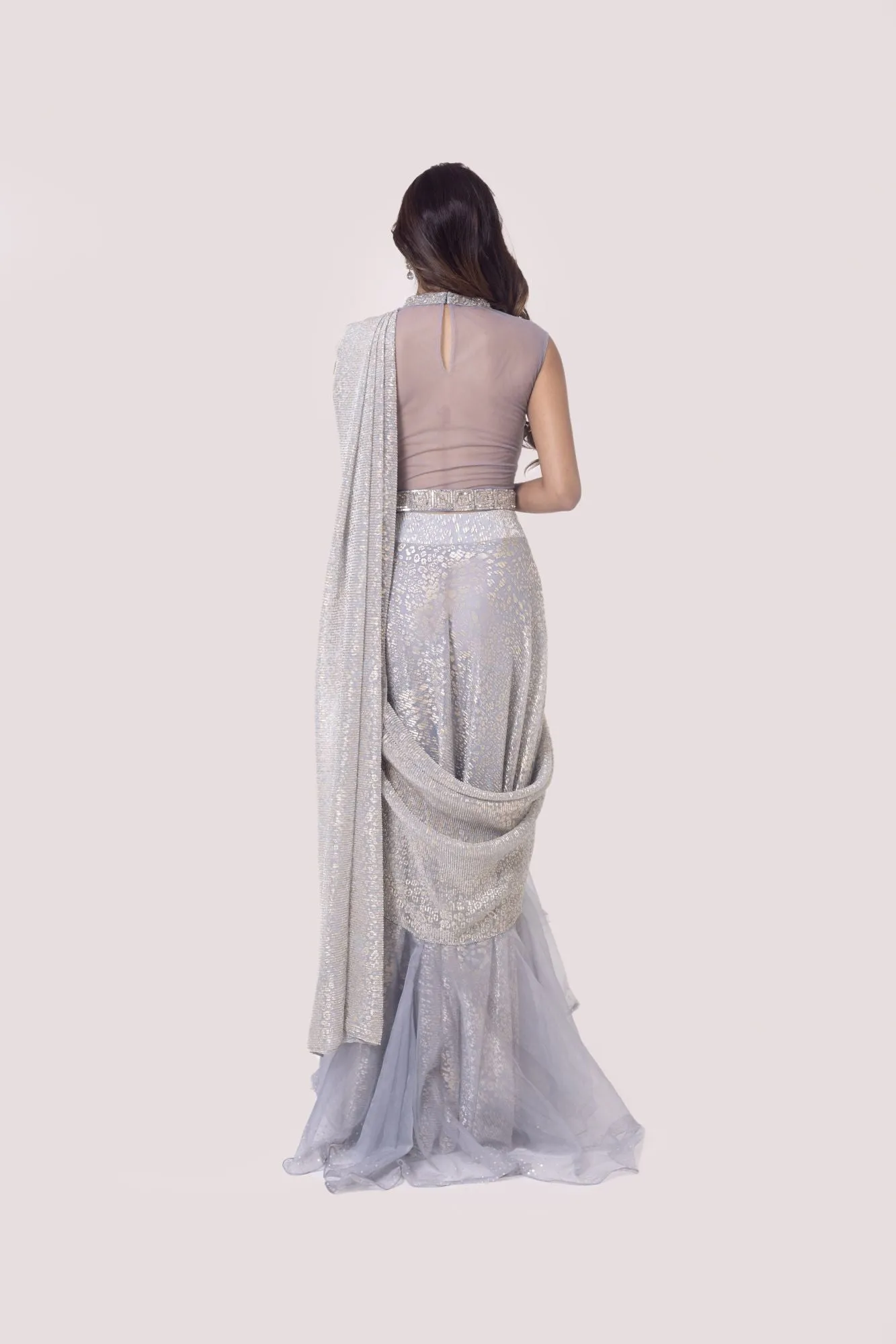 90Z886-RO Grey Silver Crush Fabric Drape Saree Set