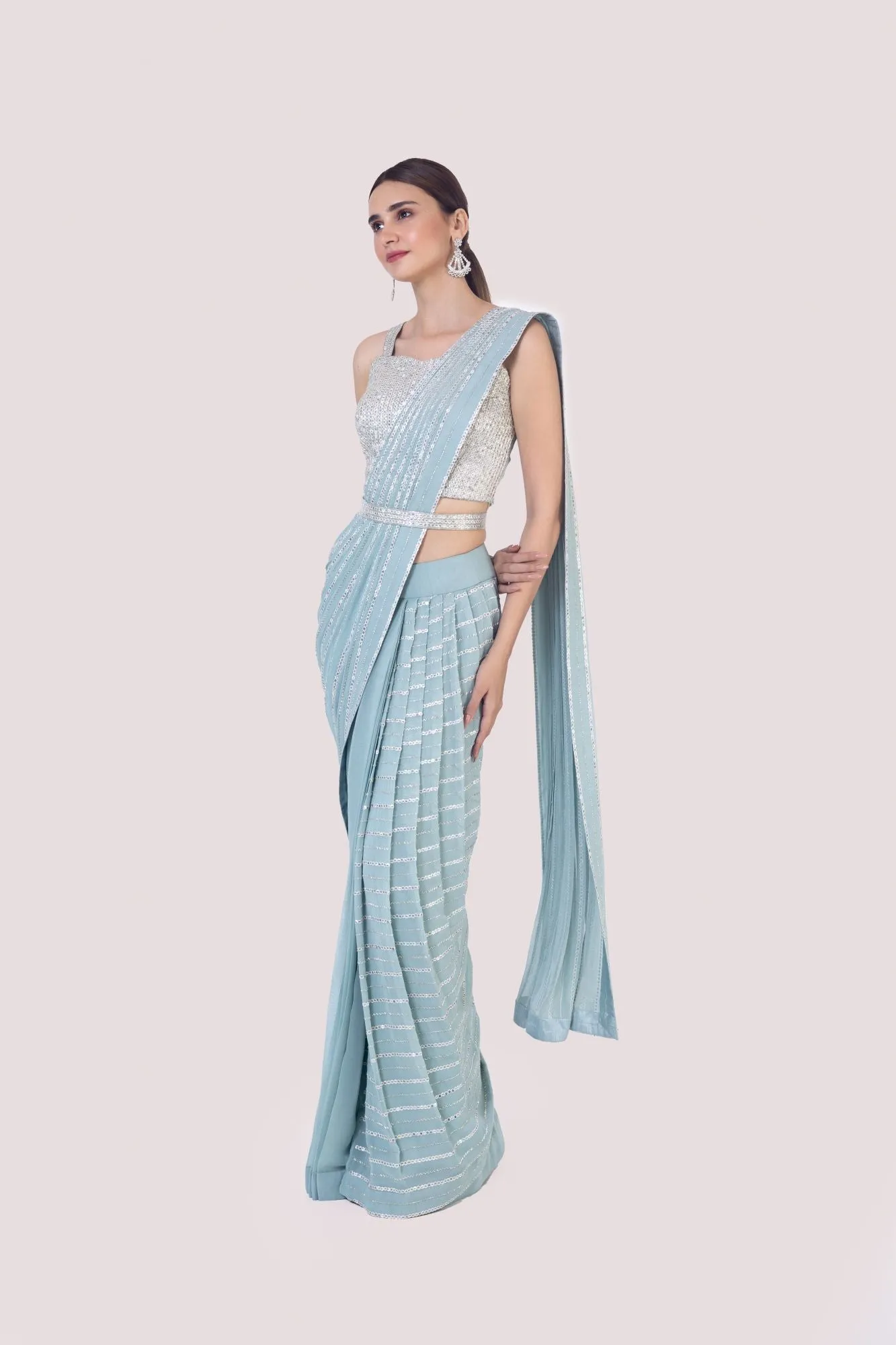 90Z924-RO Light Blue Drape Saree With Mirror Work