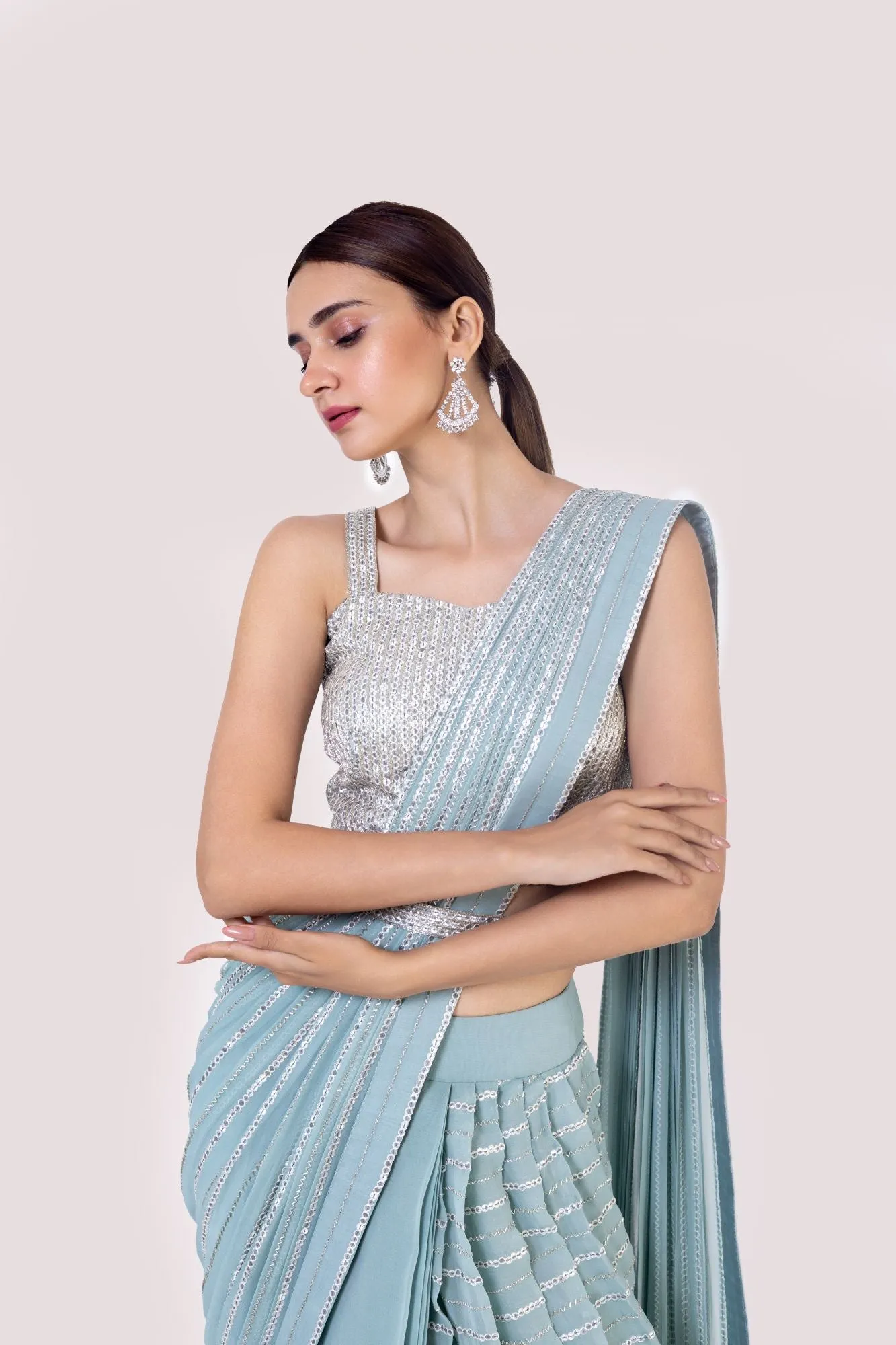 90Z924-RO Light Blue Drape Saree With Mirror Work