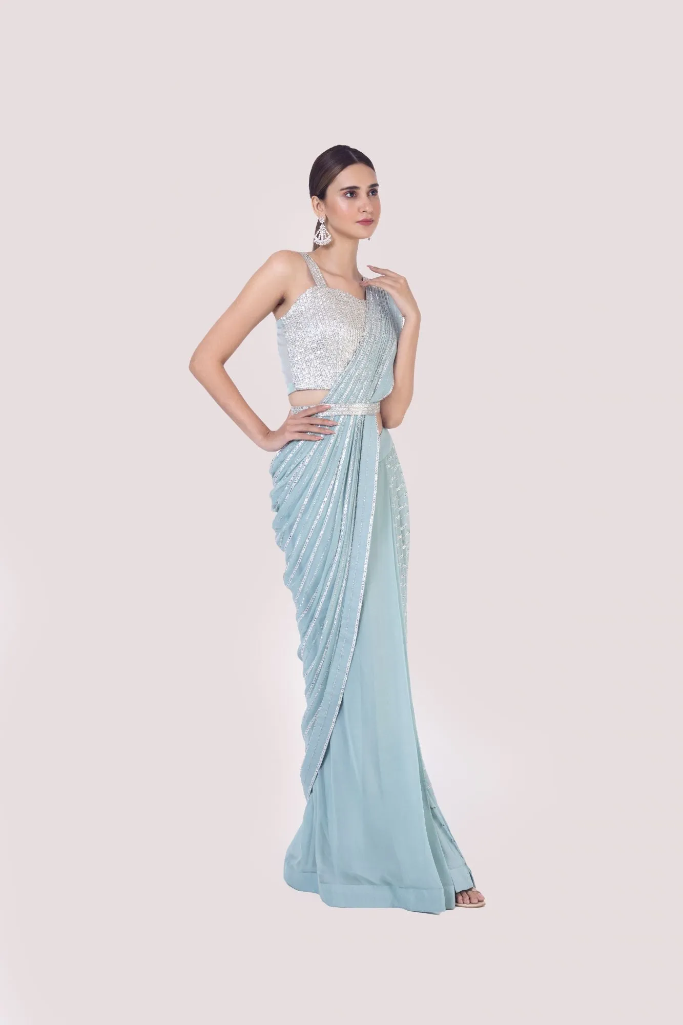 90Z924-RO Light Blue Drape Saree With Mirror Work