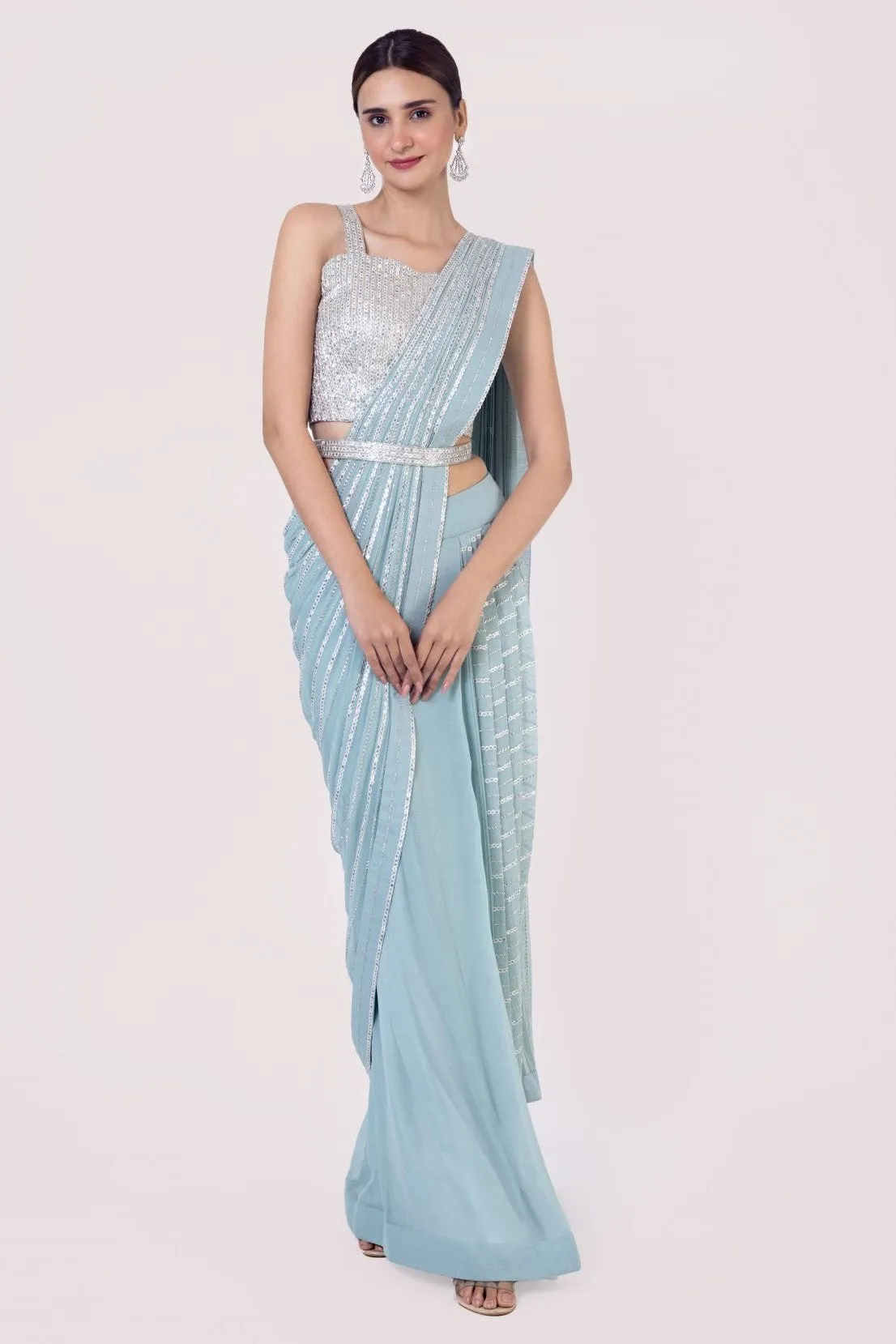 90Z924-RO Light Blue Drape Saree With Mirror Work