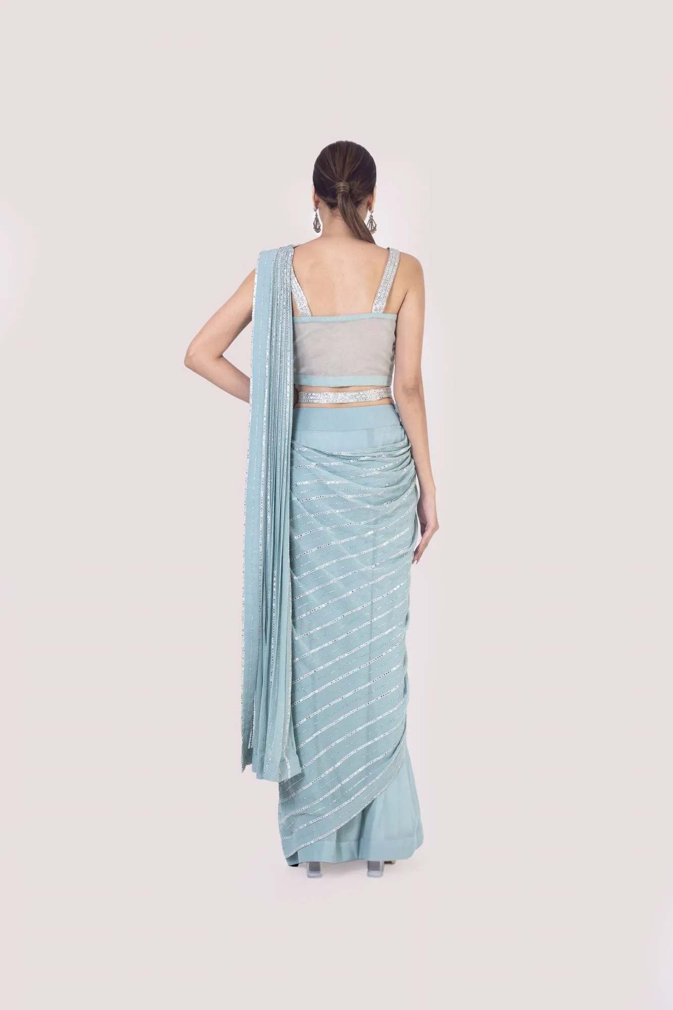 90Z924-RO Light Blue Drape Saree With Mirror Work