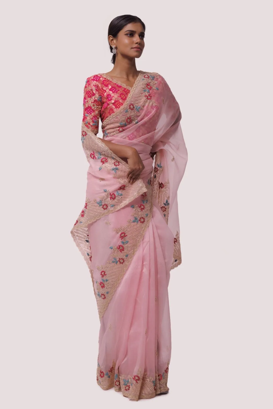 90Z970-RO Pink Organza Saree With Red Bhandhej Blouse