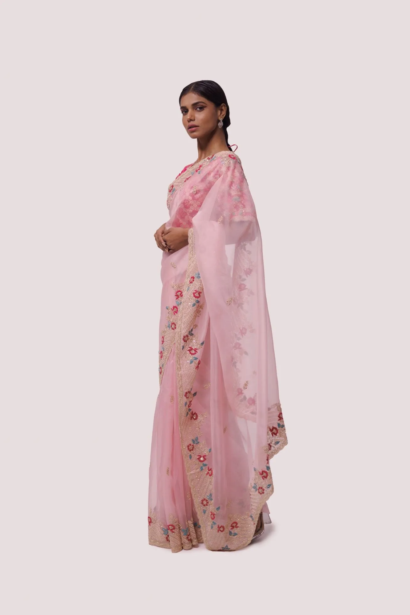 90Z970-RO Pink Organza Saree With Red Bhandhej Blouse