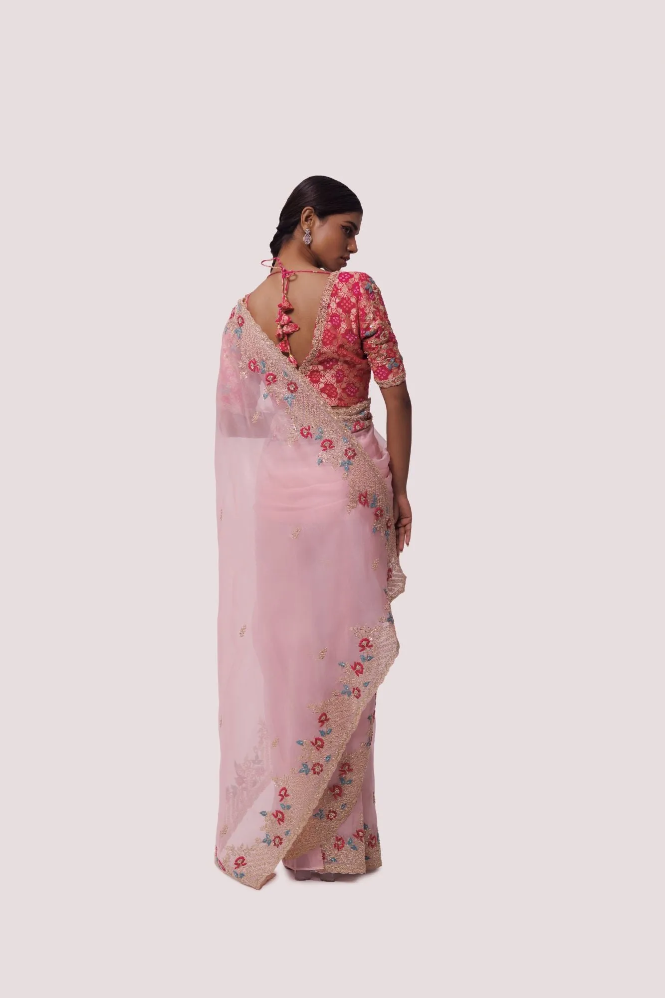 90Z970-RO Pink Organza Saree With Red Bhandhej Blouse