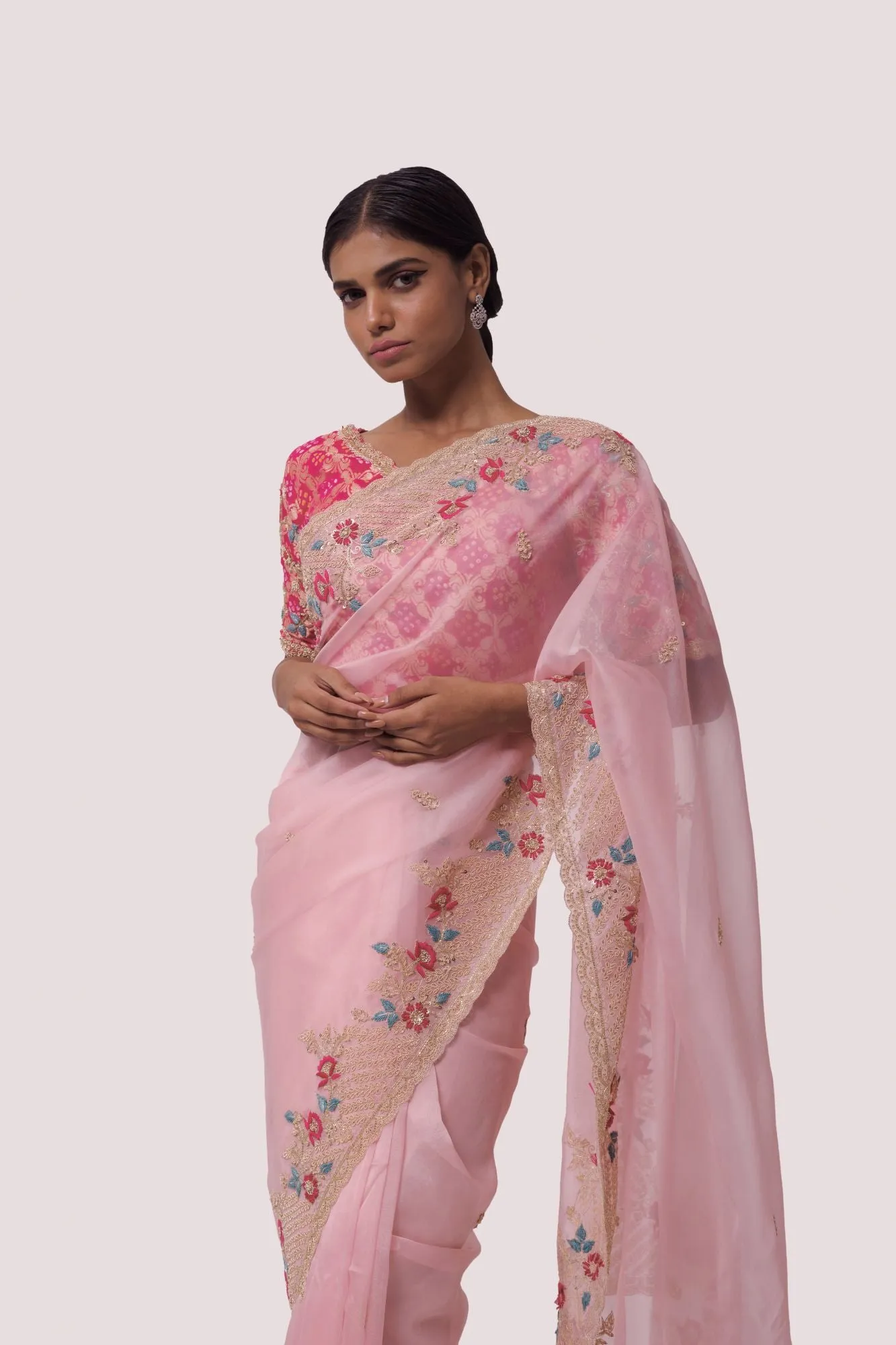 90Z970-RO Pink Organza Saree With Red Bhandhej Blouse