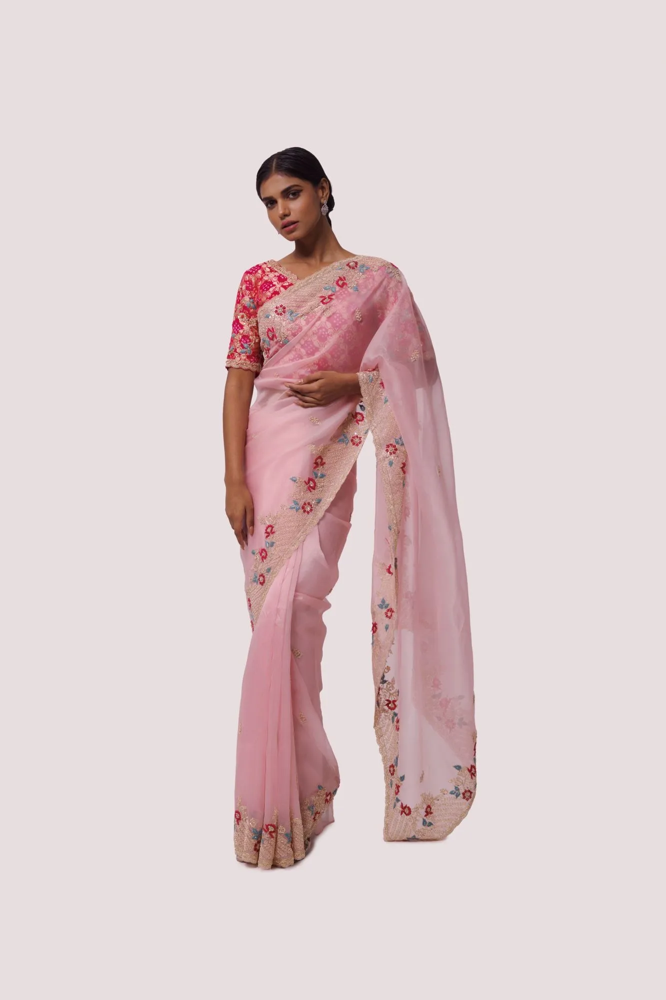 90Z970-RO Pink Organza Saree With Red Bhandhej Blouse