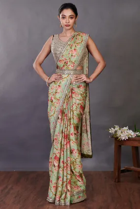 90Z998-RO Green Multicolor Floral Chikan Saree with Blouse